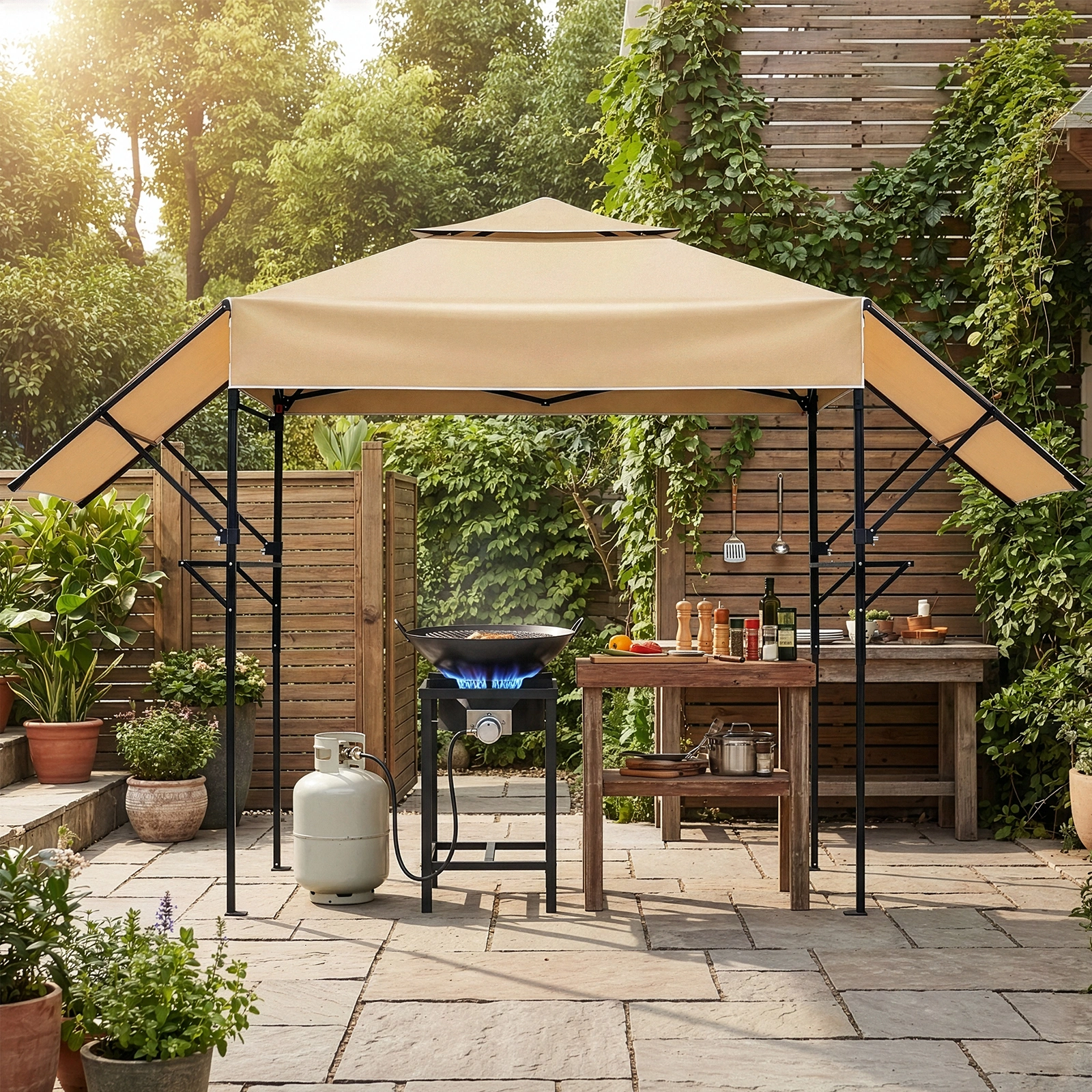3.3x12.5FT Double Top Grill Gazebo, Khaki Polyester BBQ Canopy with Adjustable Side Sunshades, Black Powder Coated Folding Frame, Dual Mesh Trays & Carry Bag view 18