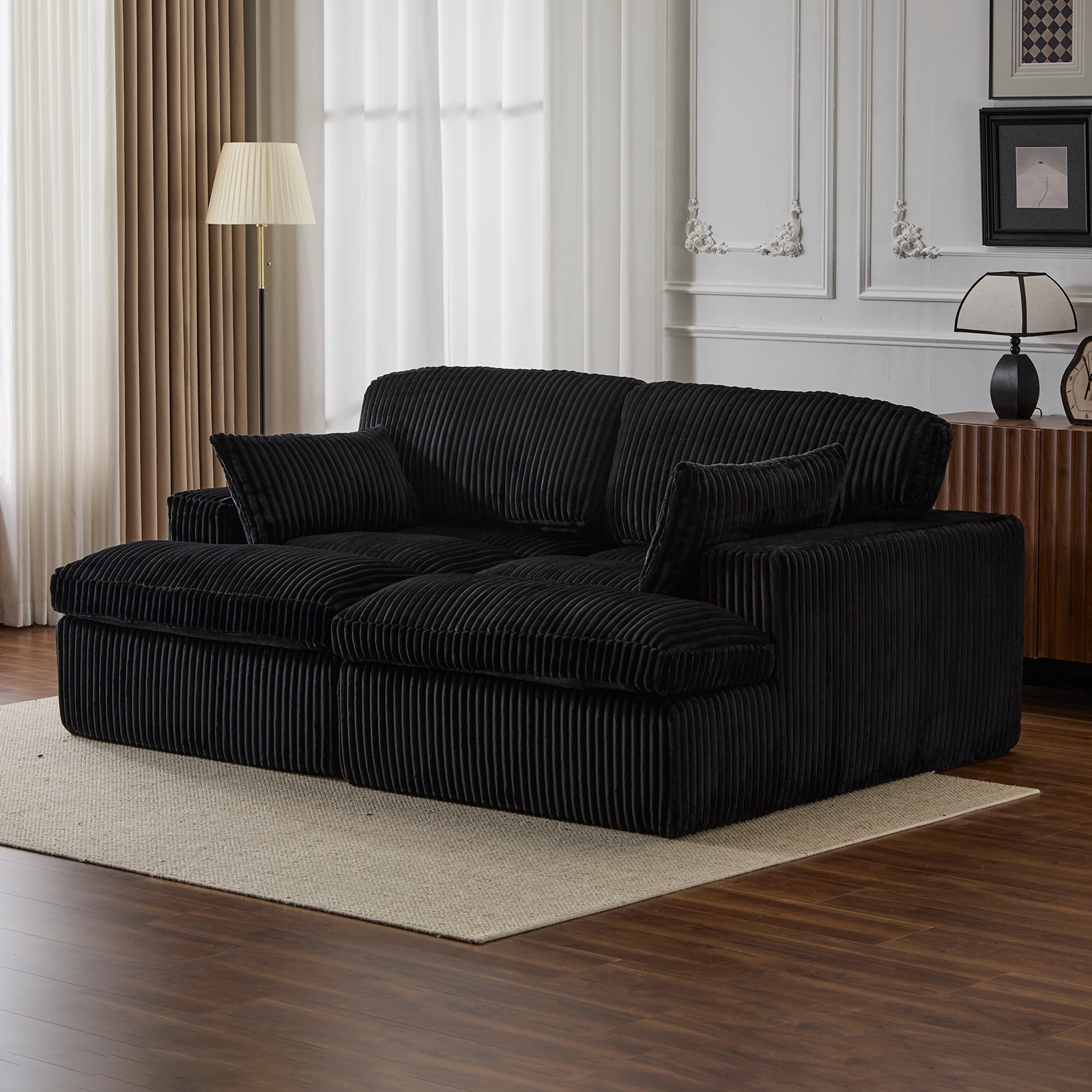 Double Chaise Lounge Chair Indoor, Oversized Upholstered Sleeper Cloud Couch, Deep Seat Luxury Sofa Bed, Sectional Chaise Loveseat, Corduroy Reading Chair for Living Room, Black, No Assembly