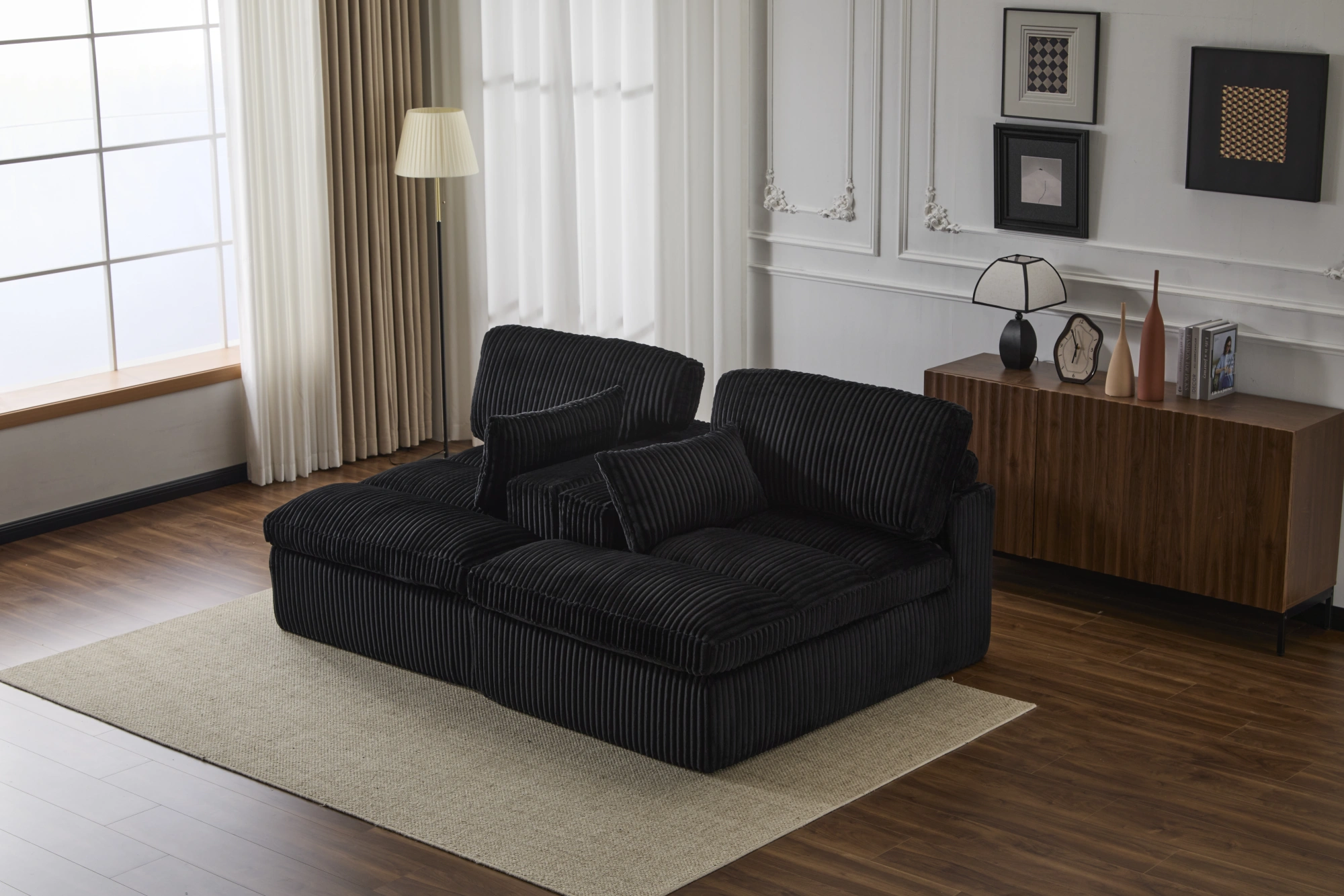 Double Chaise Lounge Chair Indoor, Oversized Upholstered Sleeper Cloud Couch, Deep Seat Luxury Sofa Bed, Sectional Chaise Loveseat, Corduroy Reading Chair for Living Room, Black, No Assembly view 10