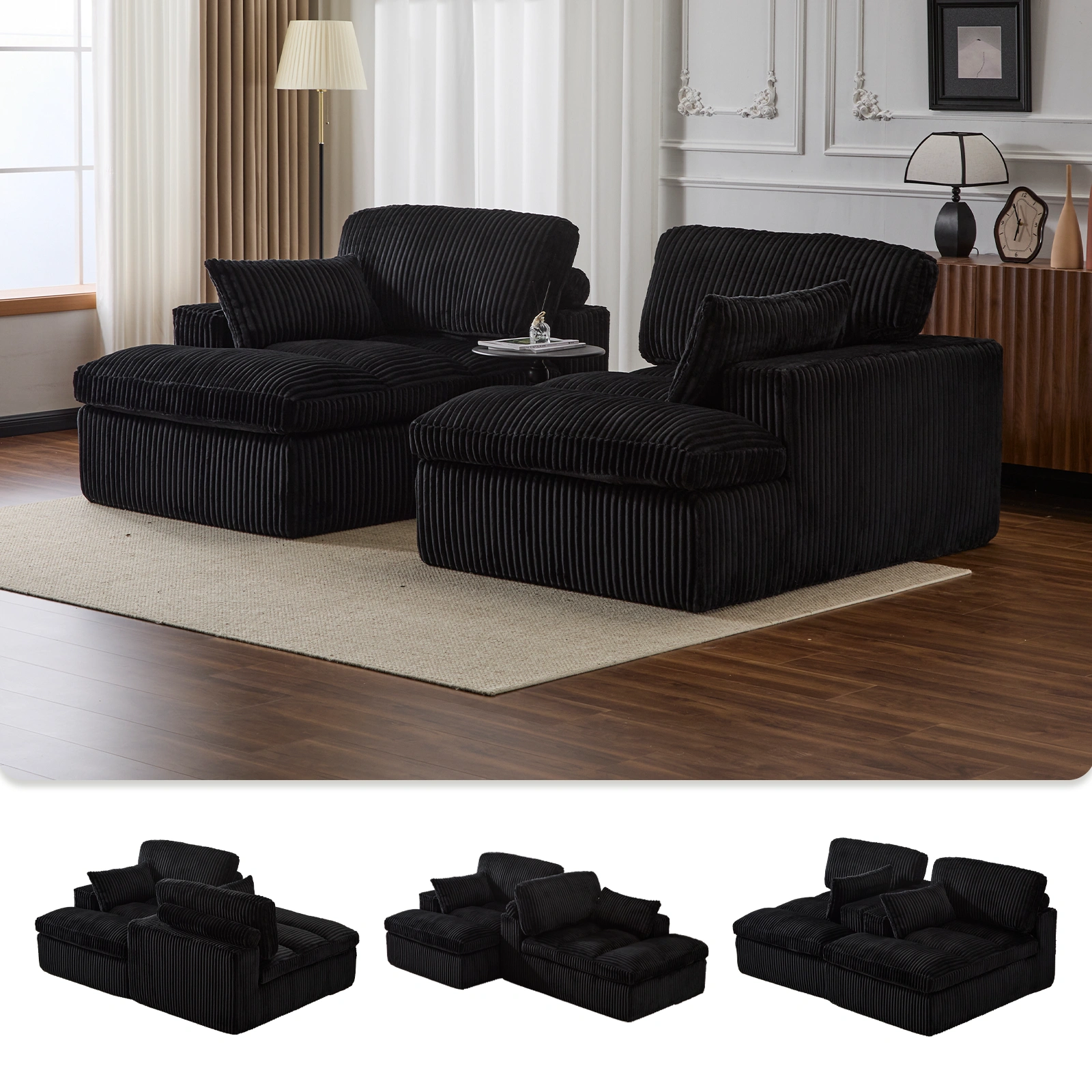 Double Chaise Lounge Chair Indoor, Oversized Upholstered Sleeper Cloud Couch, Deep Seat Luxury Sofa Bed, Sectional Chaise Loveseat, Corduroy Reading Chair for Living Room, Black, No Assembly view 18