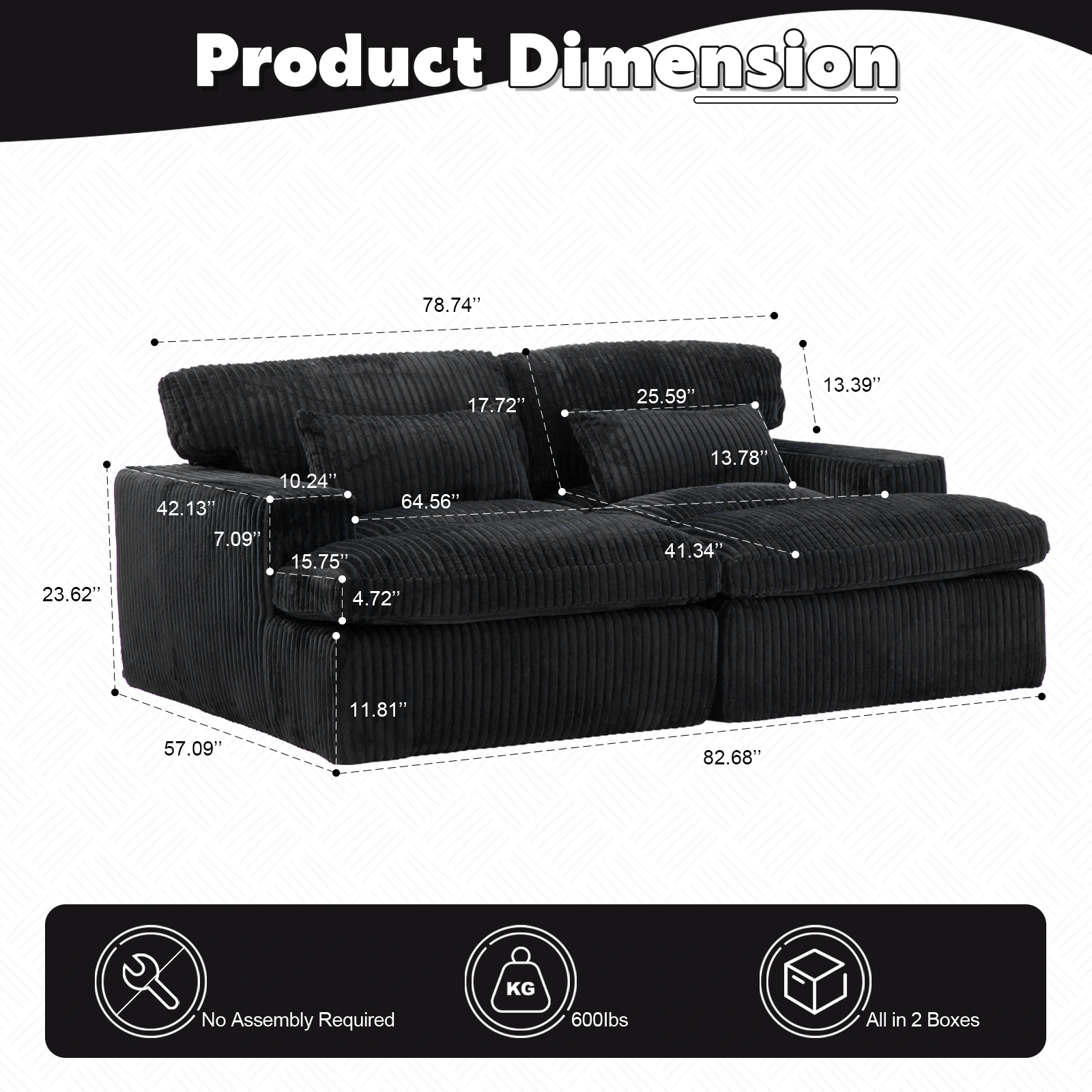 Double Chaise Lounge Chair Indoor, Oversized Upholstered Sleeper Cloud Couch, Deep Seat Luxury Sofa Bed, Sectional Chaise Loveseat, Corduroy Reading Chair for Living Room, Black, No Assembly view 19