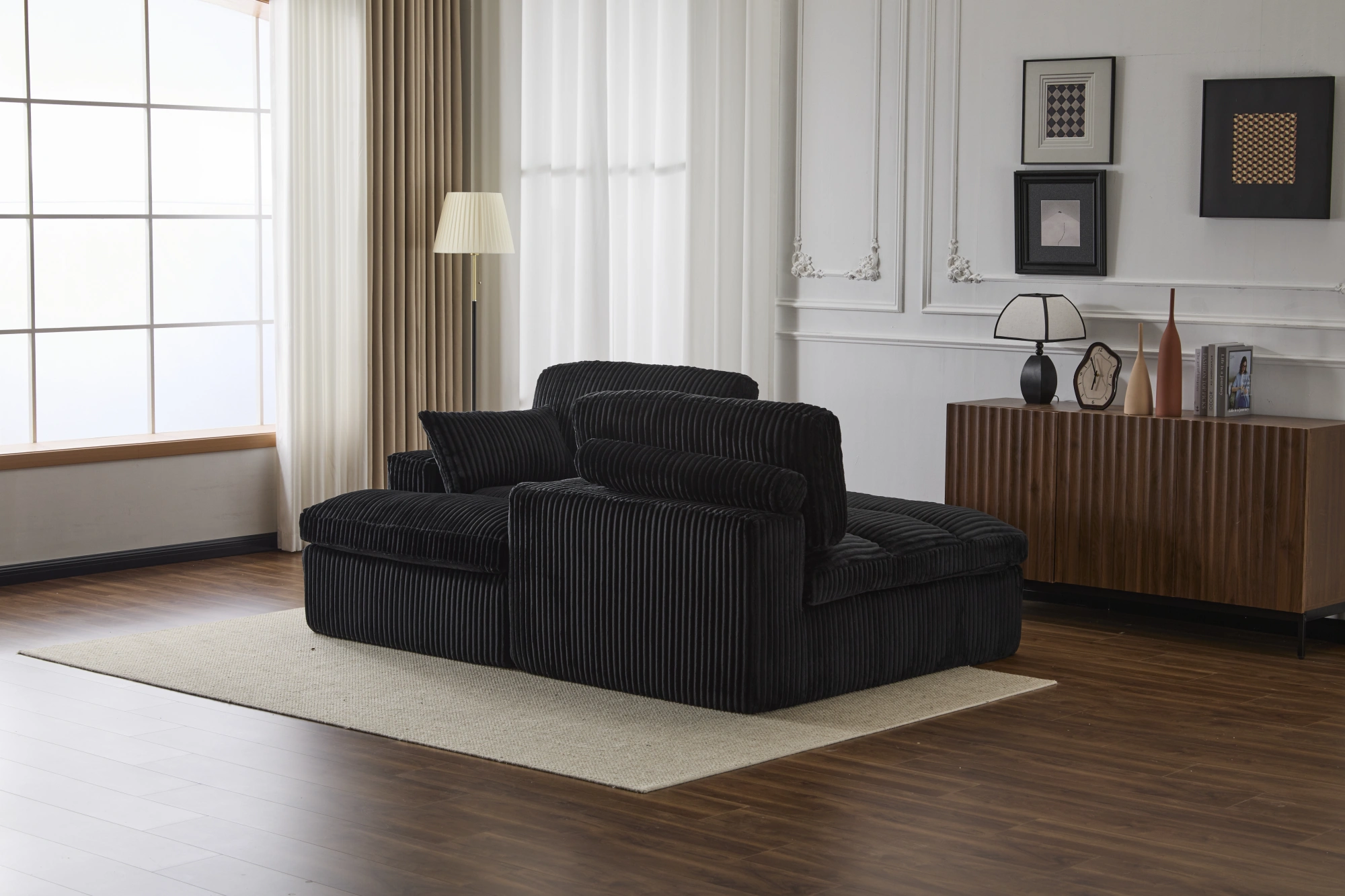 Double Chaise Lounge Chair Indoor, Oversized Upholstered Sleeper Cloud Couch, Deep Seat Luxury Sofa Bed, Sectional Chaise Loveseat, Corduroy Reading Chair for Living Room, Black, No Assembly view 2