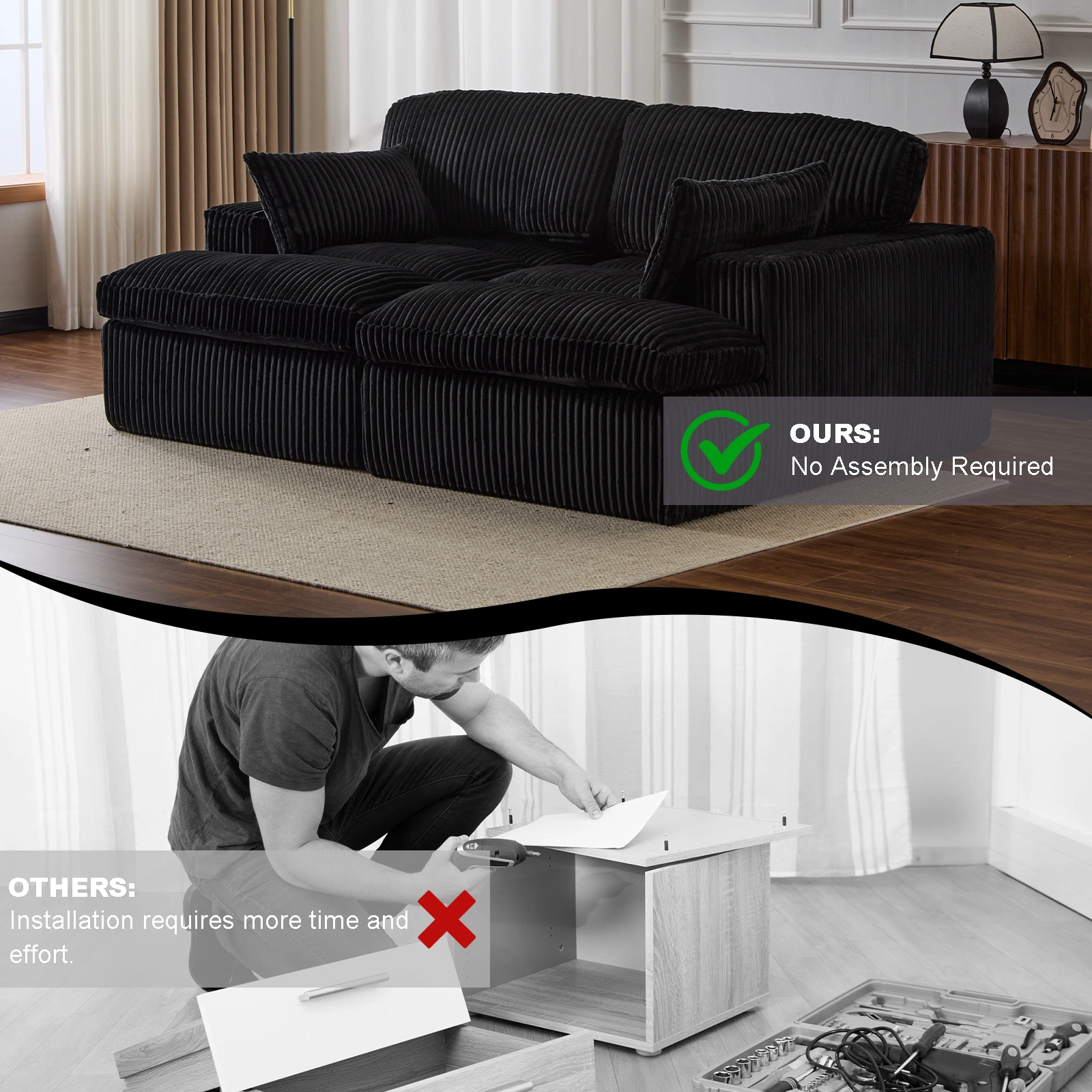Double Chaise Lounge Chair Indoor, Oversized Upholstered Sleeper Cloud Couch, Deep Seat Luxury Sofa Bed, Sectional Chaise Loveseat, Corduroy Reading Chair for Living Room, Black, No Assembly view 22