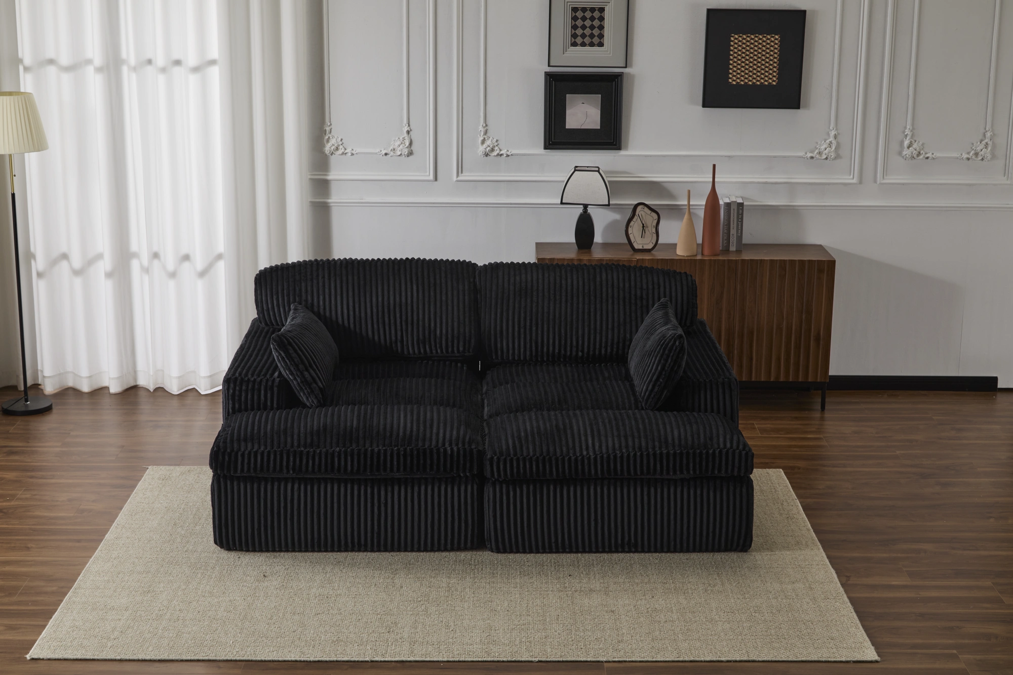 Double Chaise Lounge Chair Indoor, Oversized Upholstered Sleeper Cloud Couch, Deep Seat Luxury Sofa Bed, Sectional Chaise Loveseat, Corduroy Reading Chair for Living Room, Black, No Assembly view 7