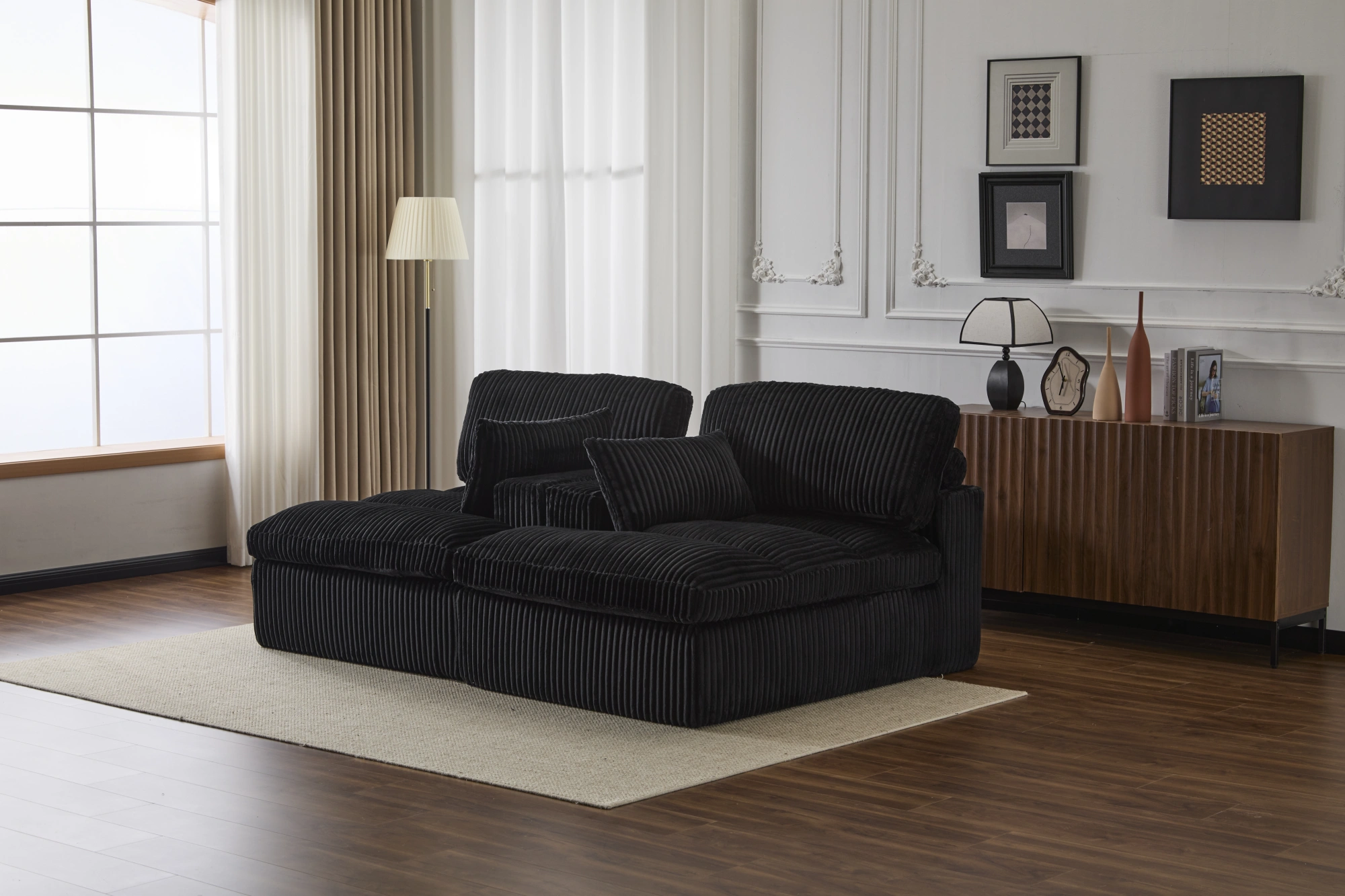Double Chaise Lounge Chair Indoor, Oversized Upholstered Sleeper Cloud Couch, Deep Seat Luxury Sofa Bed, Sectional Chaise Loveseat, Corduroy Reading Chair for Living Room, Black, No Assembly view 9