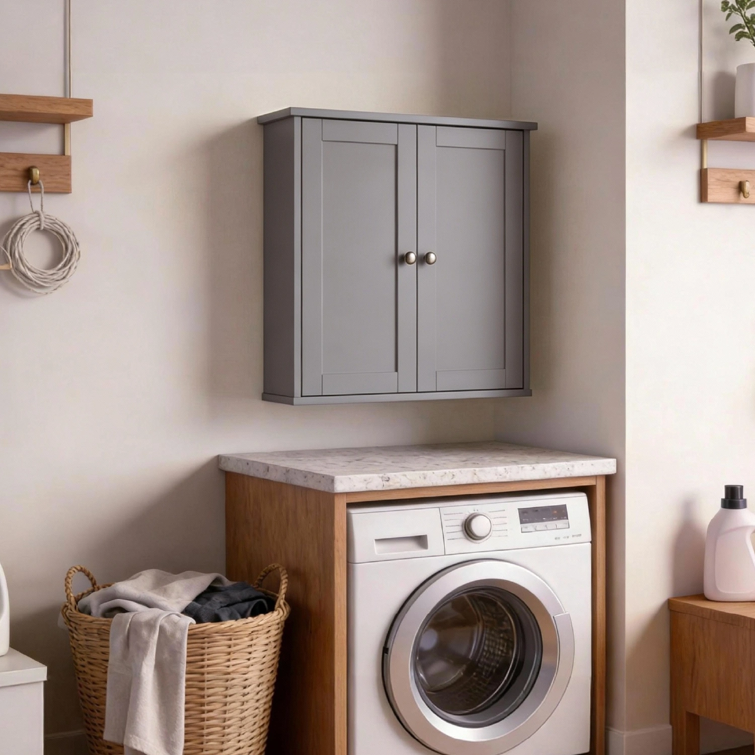Gray E1 MDF Painted Bathroom Vanity Cabinet, 60x18x60cm, Double Doors, 2 Shelves
