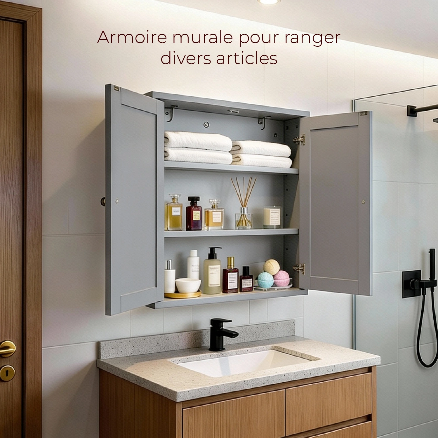 Gray E1 MDF Painted Bathroom Vanity Cabinet, 60x18x60cm, Double Doors, 2 Shelves view 2