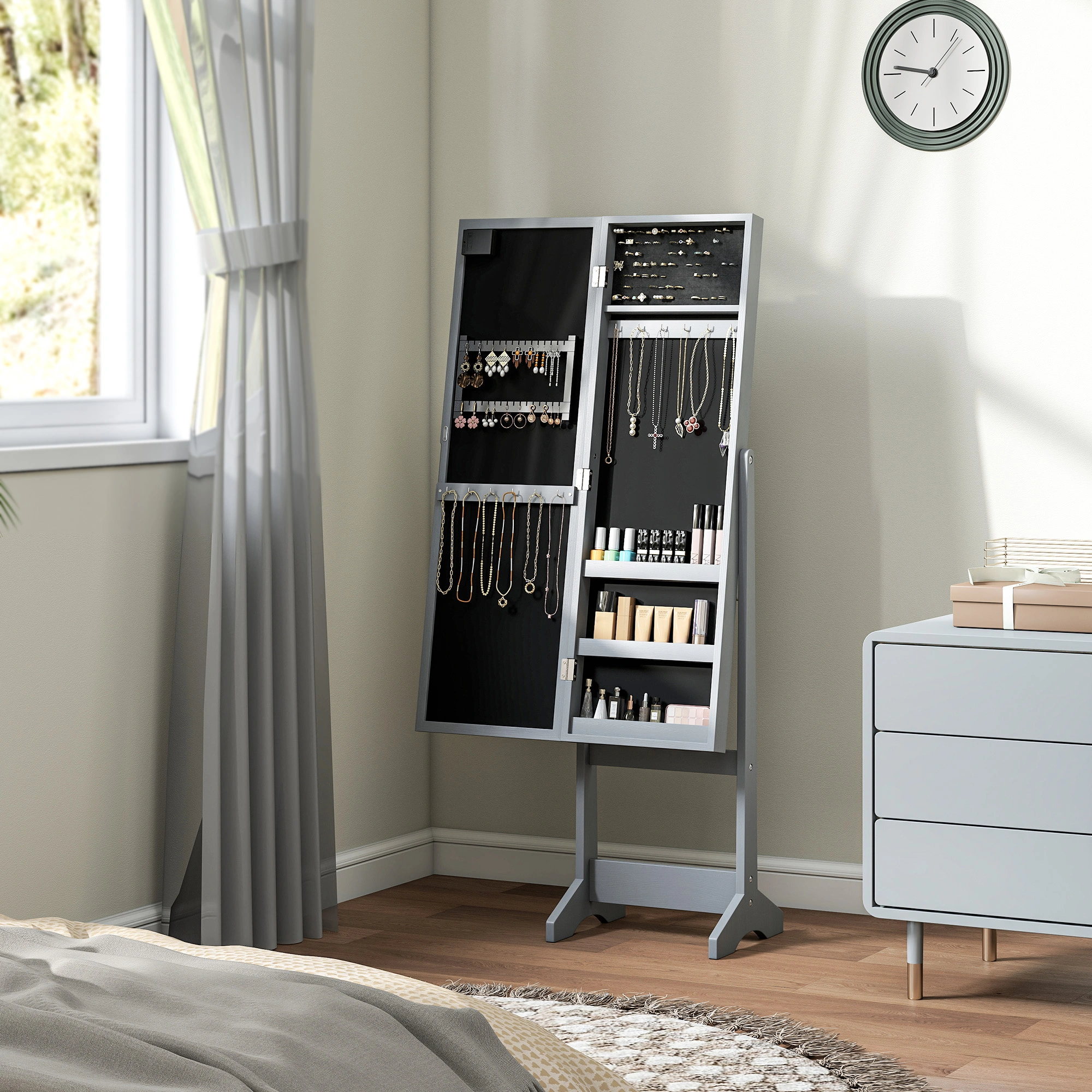 Freestanding Mirrored Jewellery Storage Cabinet - Tall Armoire Wardrobe with Mirror Doors, LED Lights & Necklace Hooks view 3