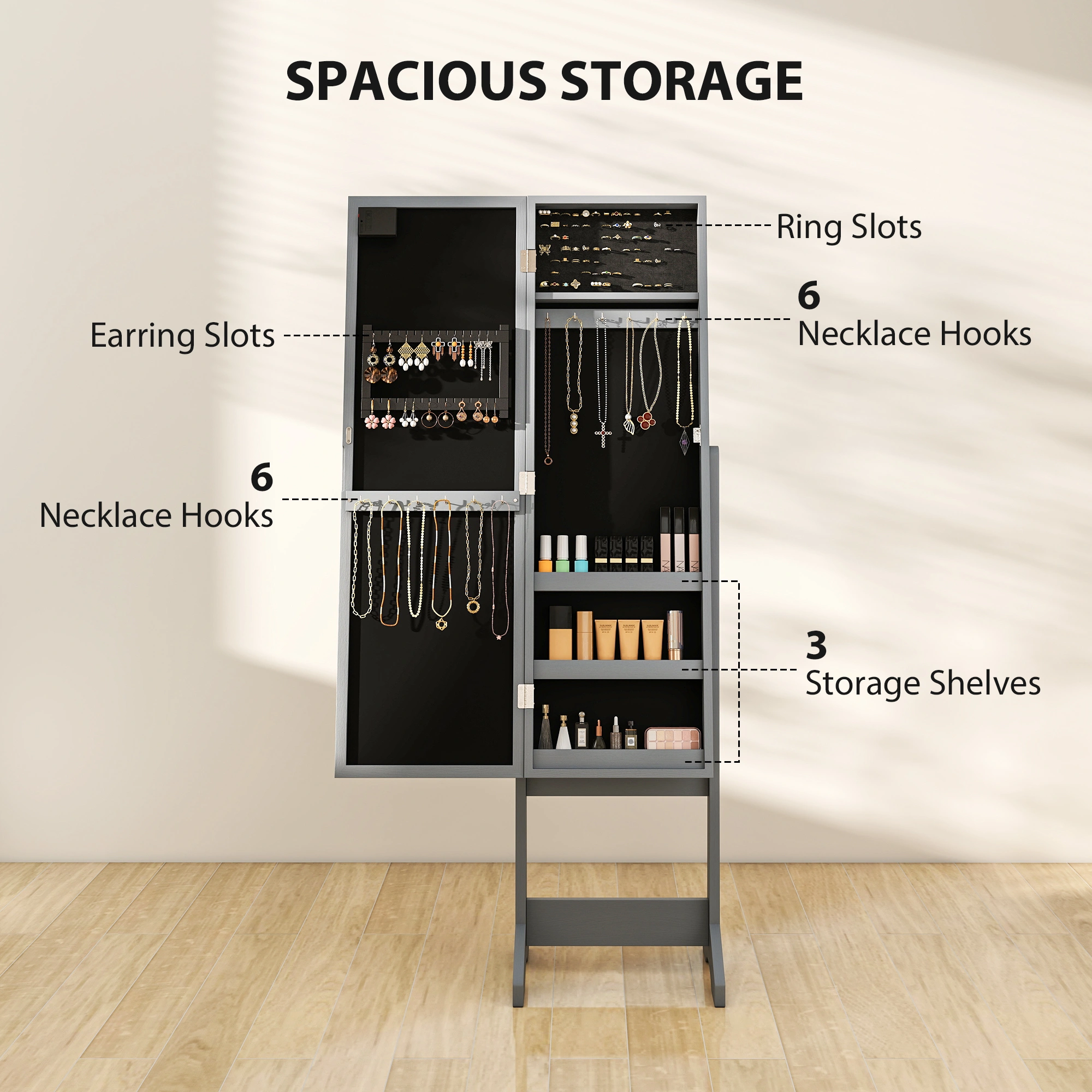 Freestanding Mirrored Jewellery Storage Cabinet - Tall Armoire Wardrobe with Mirror Doors, LED Lights & Necklace Hooks view 5