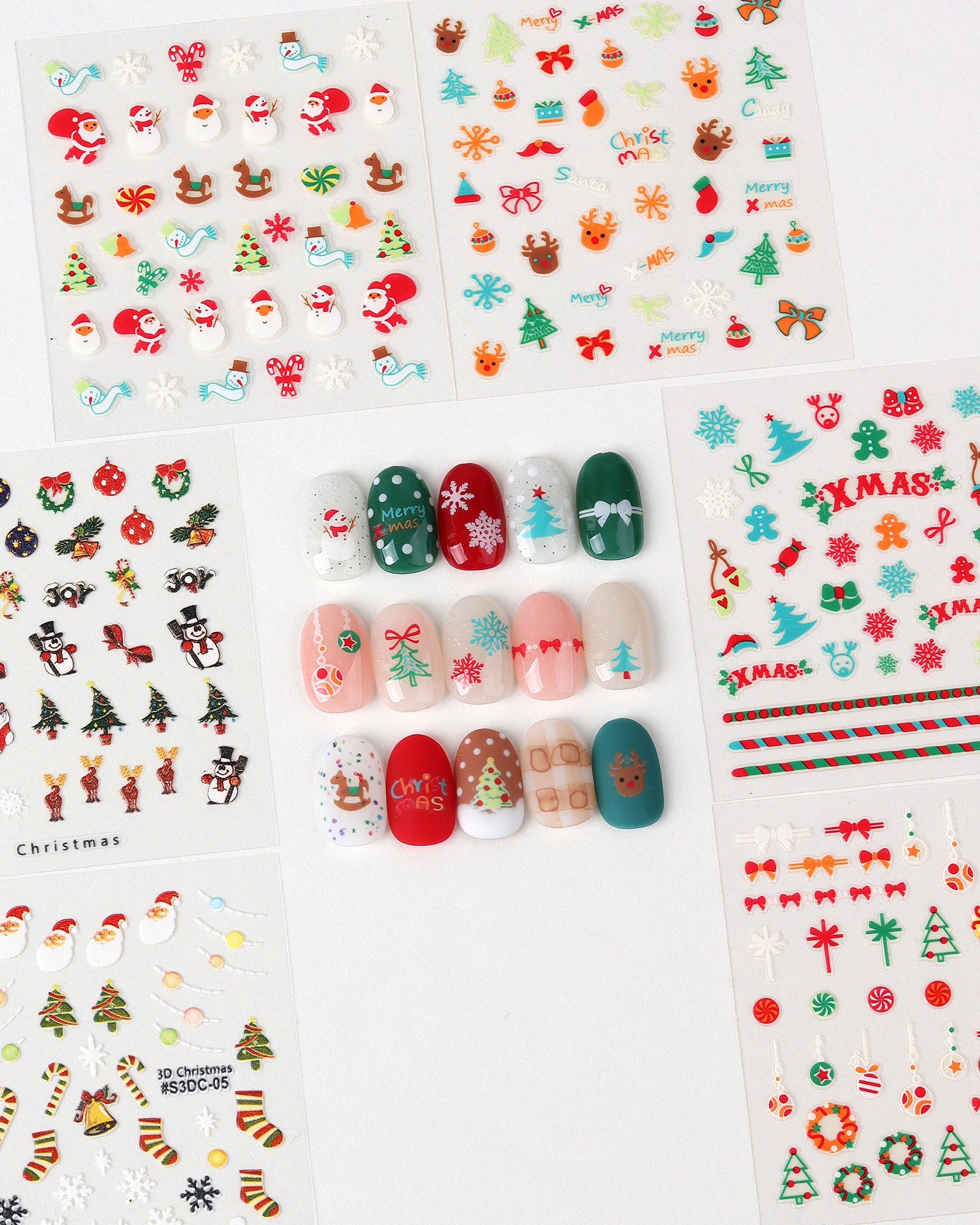 GlossyBlossom 3D Christmas Nail Stickers – Korean Made Holiday Nail Art Decals for Festive DIY Manicure, Santa, Reindeer, Snowflake & Tree Designs