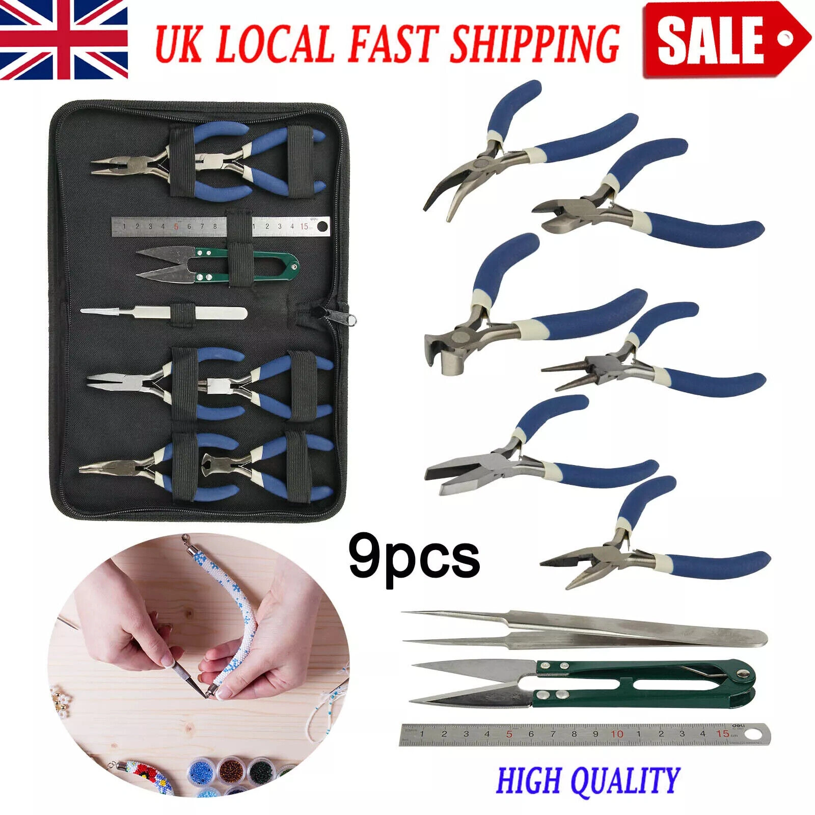9pc Jewellery Making Tools Set, Beads Pliers, Wire Cutters & Craft Findings Kit, Jewelry Repair Tool Set