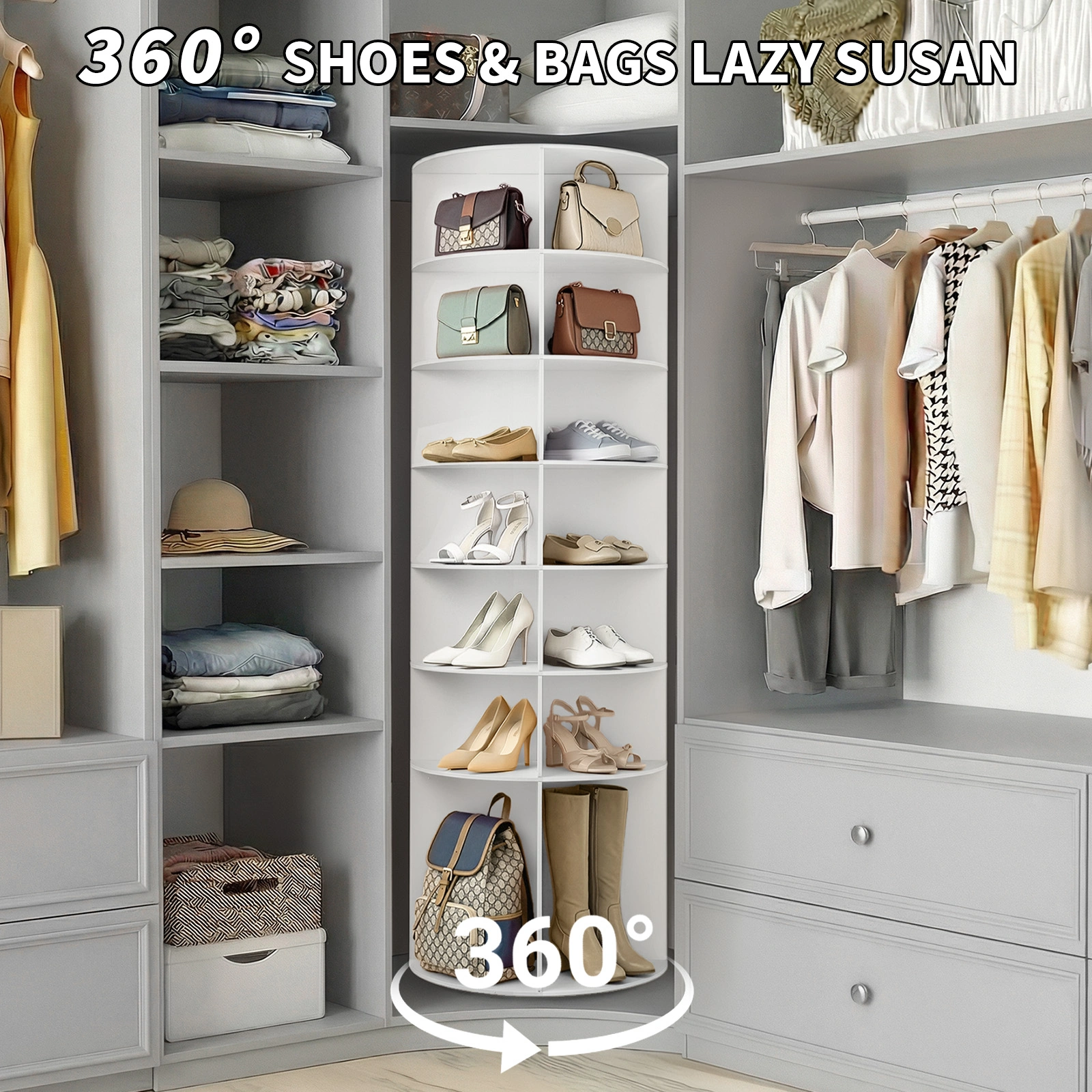 7-tier, 360° rotating wood-plastic composite shoe rack, 60*60*184cm, white view 11
