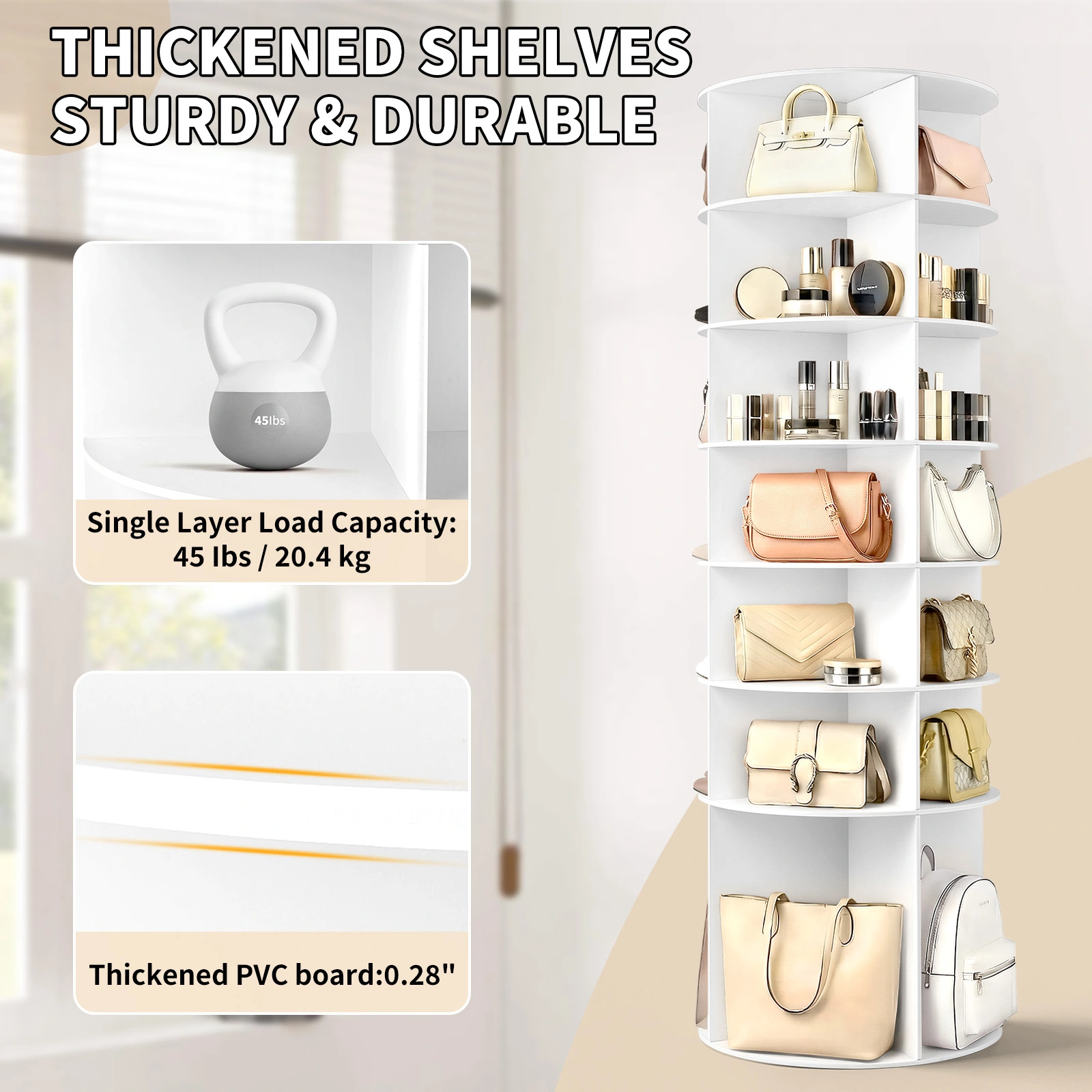 7-tier, 360° rotating wood-plastic composite shoe rack, 60*60*184cm, white view 6