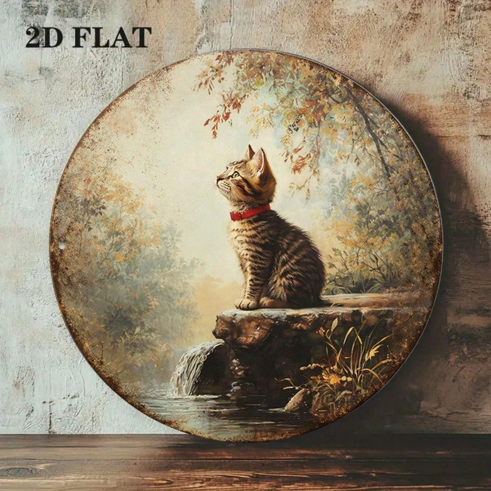 CIFbuy Vintage Tabby Cat Wall Art, "" Tabby Cat Wall Art, Wall Art, Round Kitten Plaque with Waterfall Stream(TikTok, Temu Self-pickup Logireics) view 7