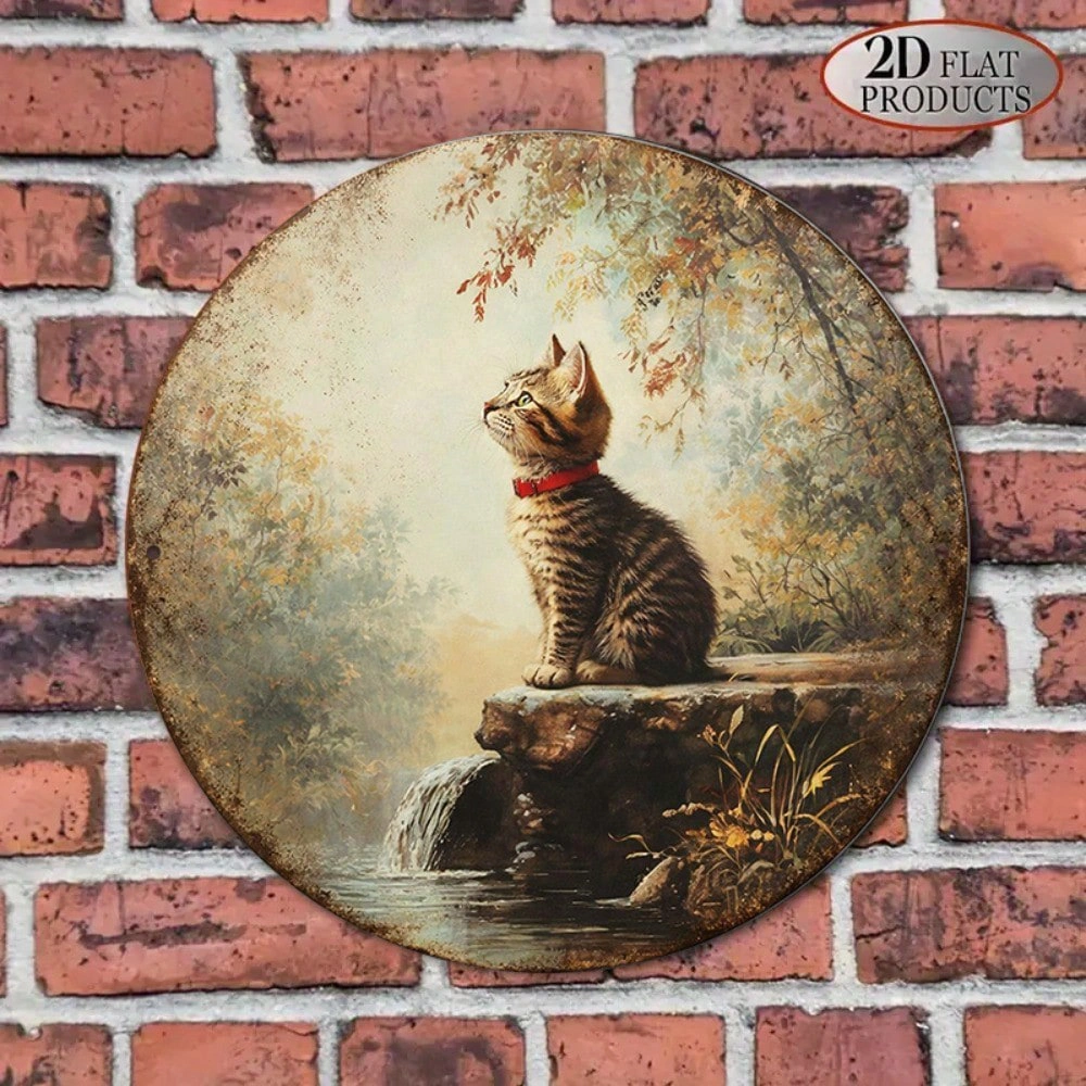 CIFbuy Vintage Tabby Cat Wall Art, "" Tabby Cat Wall Art, Wall Art, Round Kitten Plaque with Waterfall Stream(TikTok, Temu Self-pickup Logireics) view 8