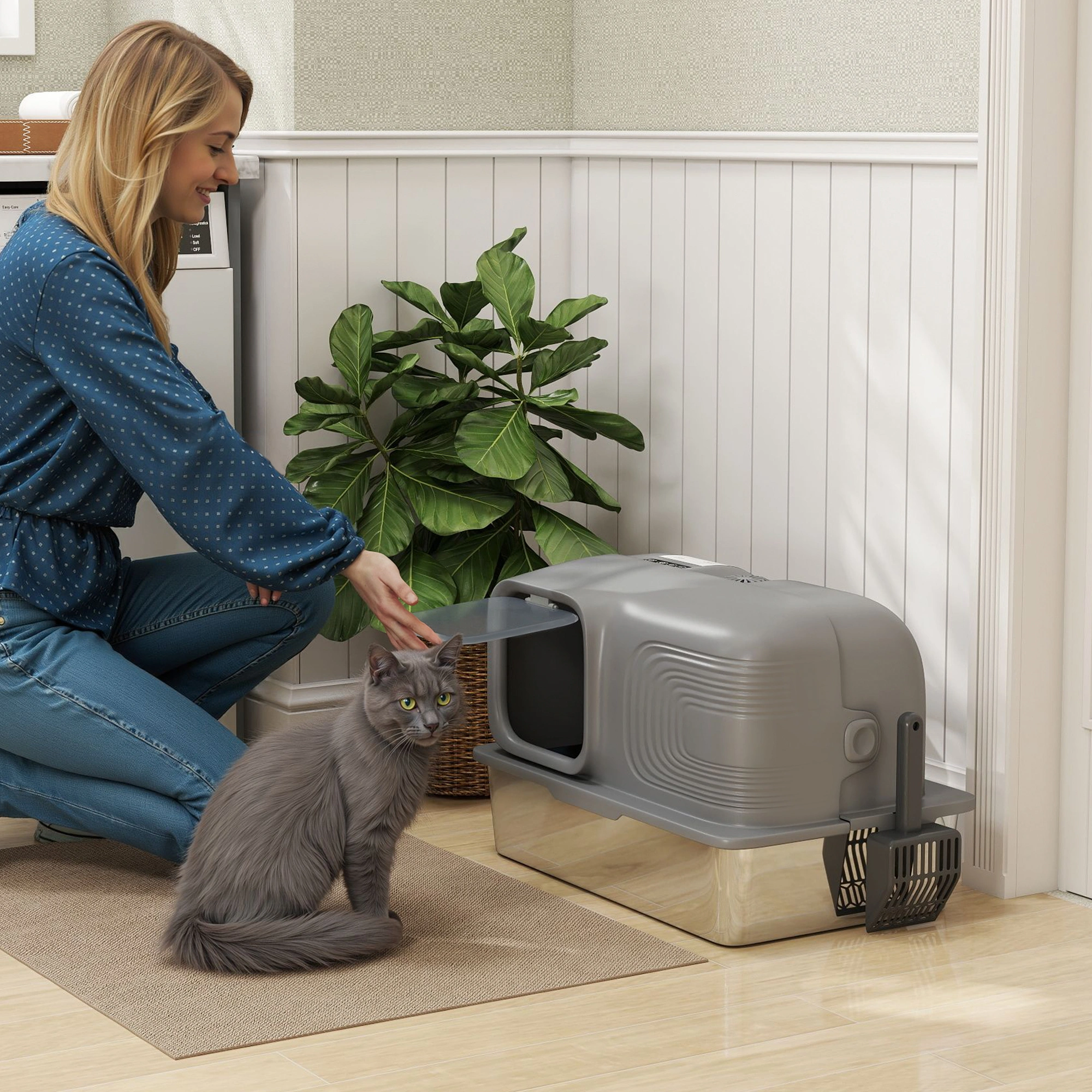 Self-Closing Top-Entry Cat Litter Box with Carbon Filter, Large Cat Litter Box for Kittens and Adult Cats, Durable Plastic, Easy Access Door Design