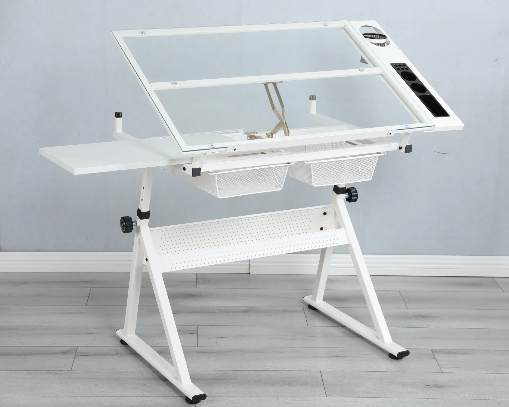 White Adjustable Height Tempered Glass Drafting Table with Swivel Chair, Printing Drawing Art Desk view 10