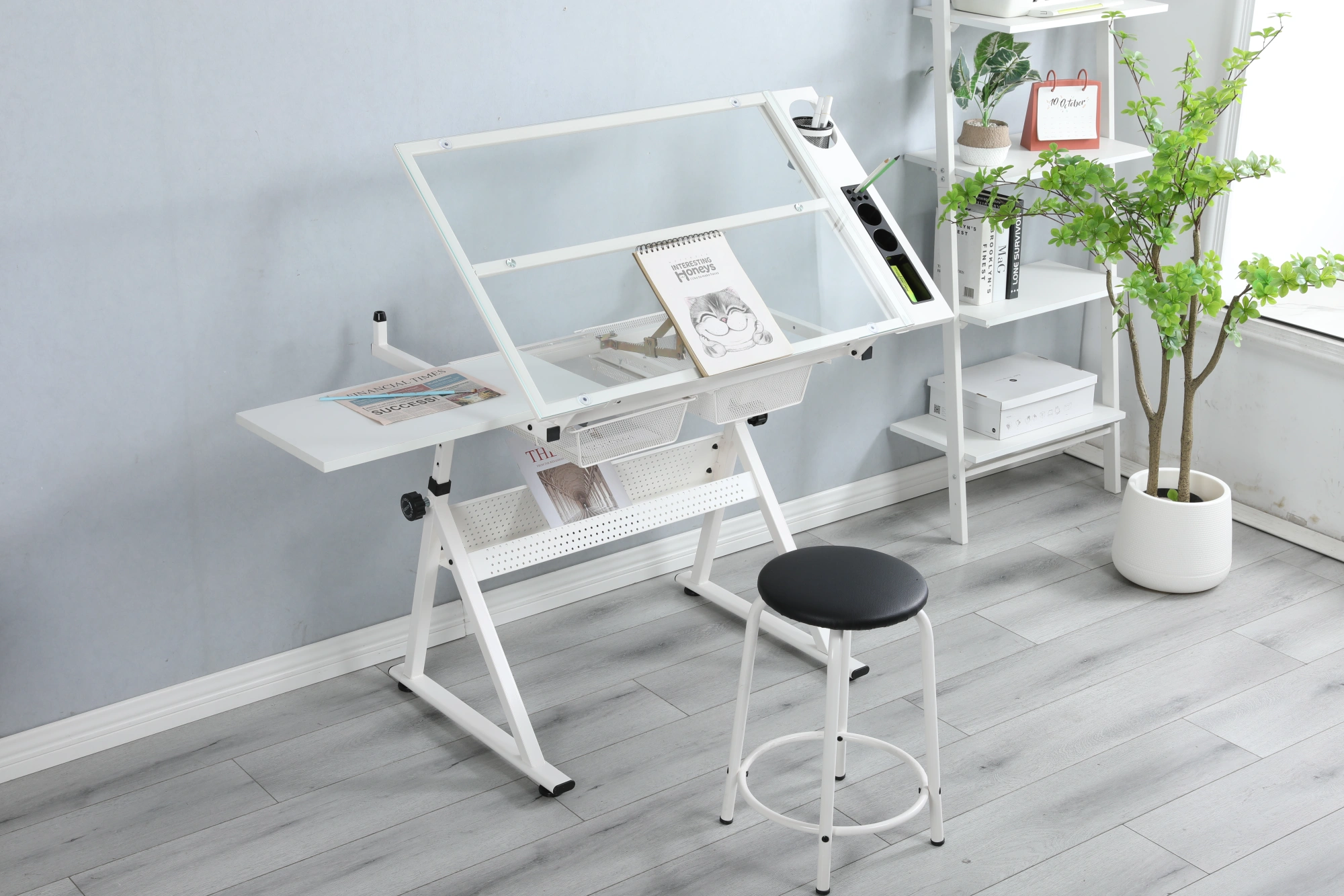 White Adjustable Height Tempered Glass Drafting Table with Swivel Chair, Printing Drawing Art Desk view 11