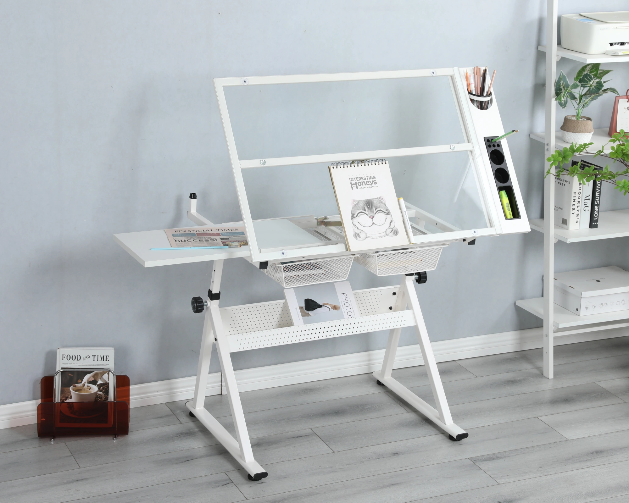 White Adjustable Height Tempered Glass Drafting Table with Swivel Chair, Printing Drawing Art Desk view 22