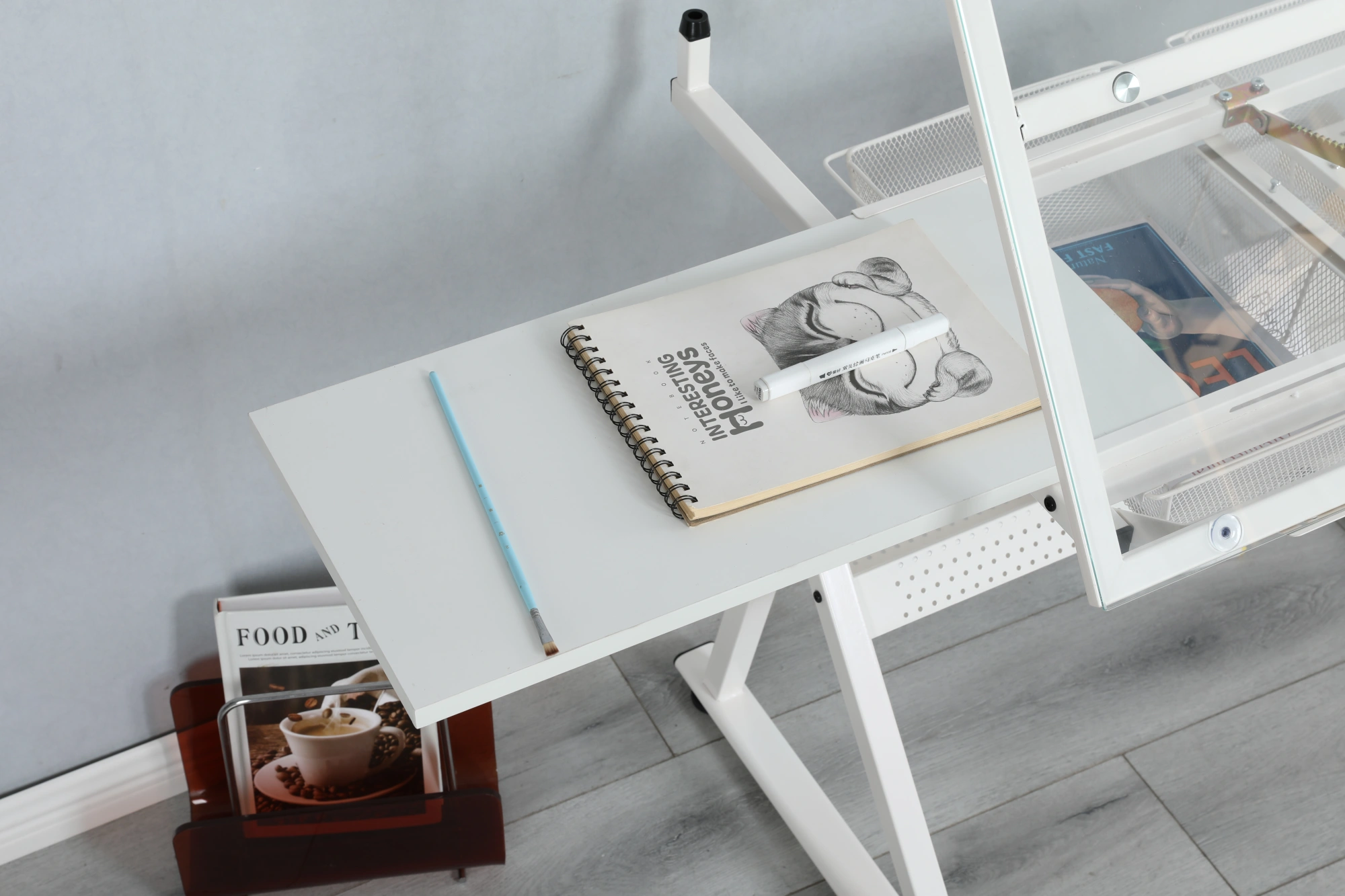 White Adjustable Height Tempered Glass Drafting Table with Swivel Chair, Printing Drawing Art Desk view 6