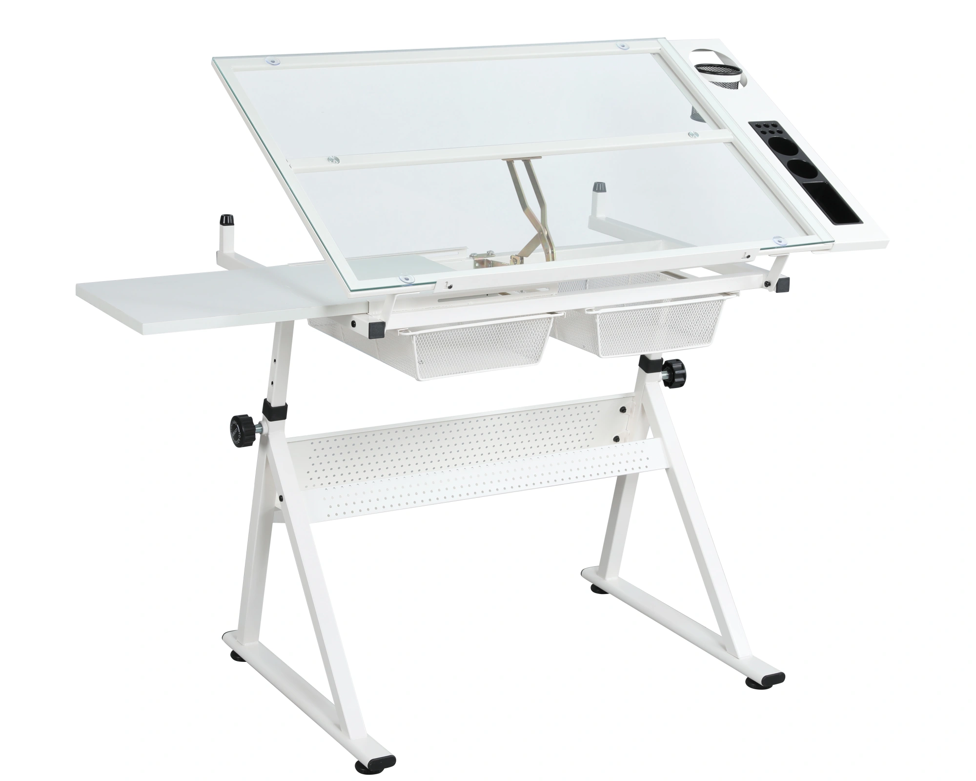 White Adjustable Height Tempered Glass Drafting Table with Swivel Chair, Printing Drawing Art Desk view 8