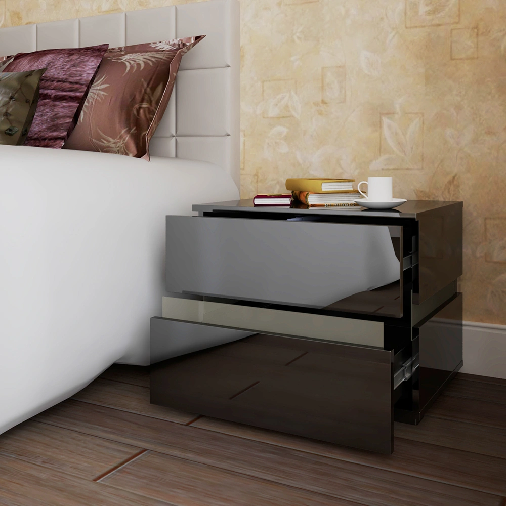 RGB LED Double-Sided Bedside Table - Black Nightstand with Open Cabinet Storage & Color-Changing Lights