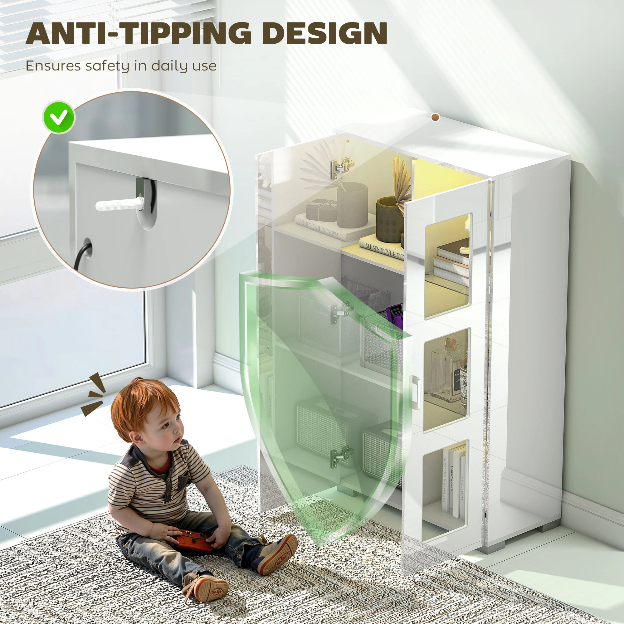Glass Display Cabinet with LED Lights, Curio Cabinet Showpiece Storage Shelf for Living Room, Bedroom Decoration view 4