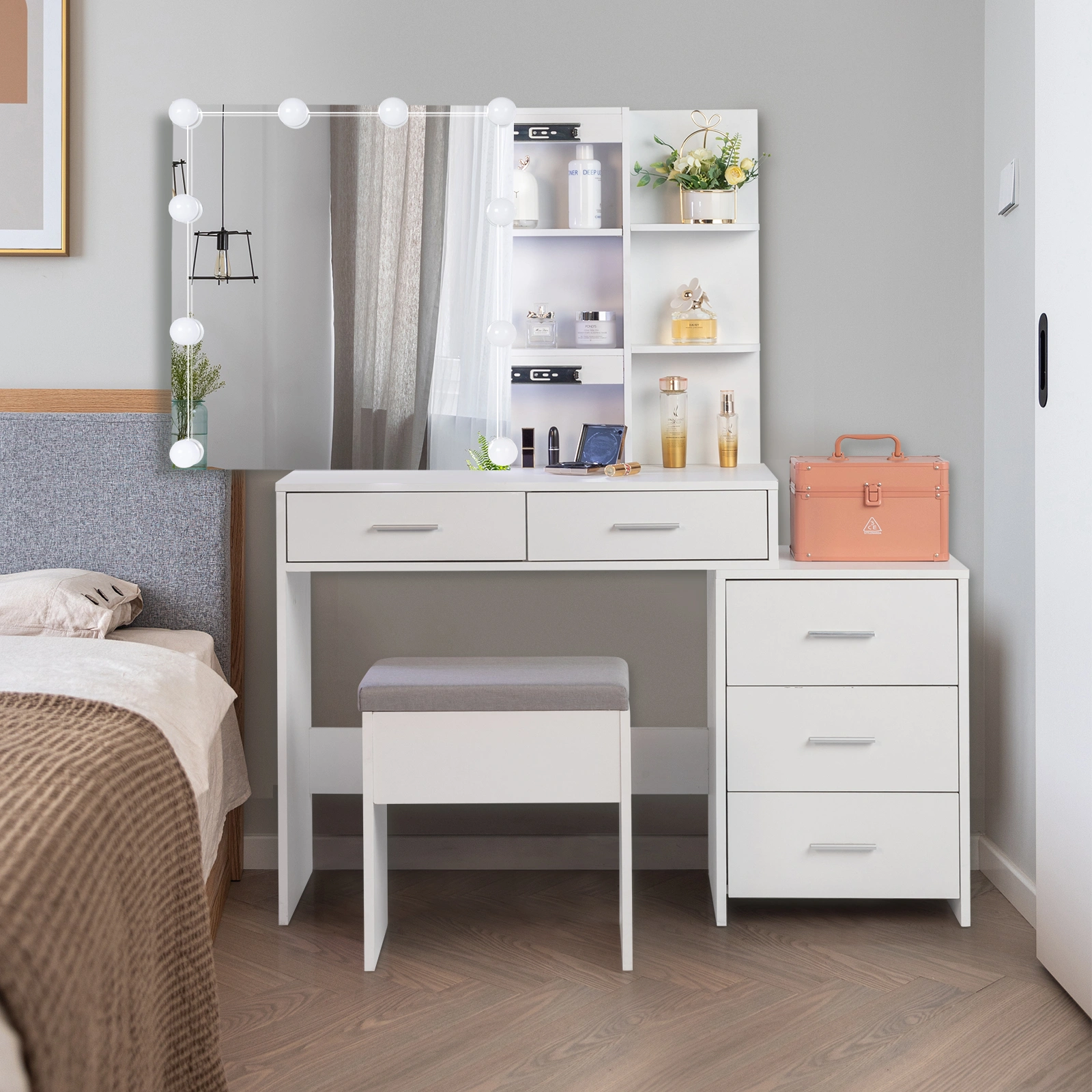 White Dressing Table Set with Mirror Cabinet, Particleboard Triamine Veneer, 5 Pumps, 2 Shelves, 3-Dim Light Bulb