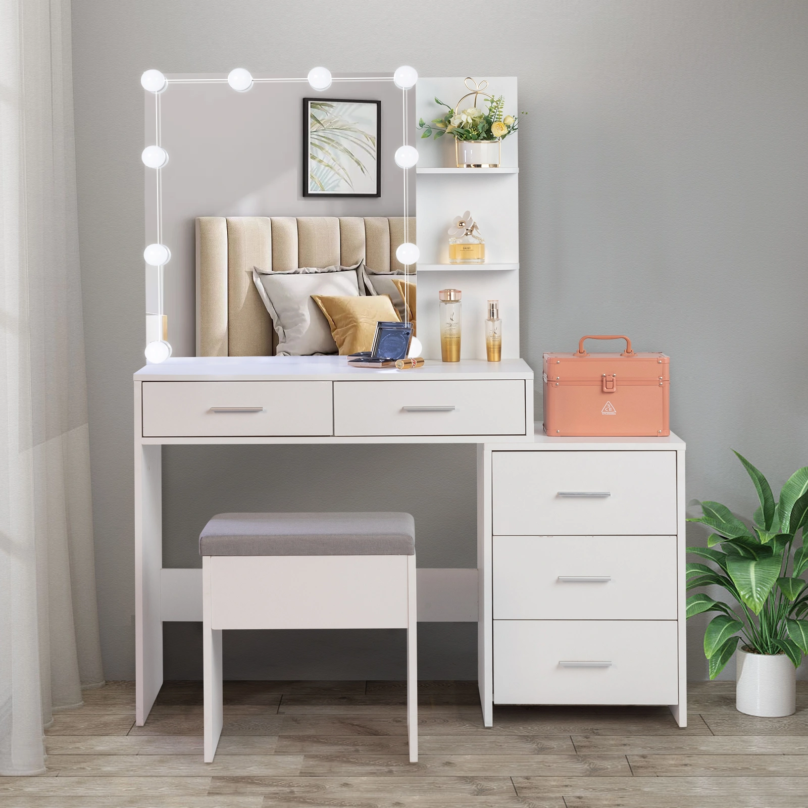 White Dressing Table Set with Mirror Cabinet, Particleboard Triamine Veneer, 5 Pumps, 2 Shelves, 3-Dim Light Bulb view 2