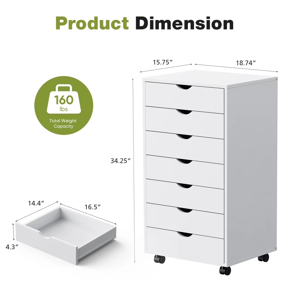 7-Drawer Portable Storage Cabinet on Wheels for Office, Bedroom & Home Organization, White (Shipment from Walmart) view 2