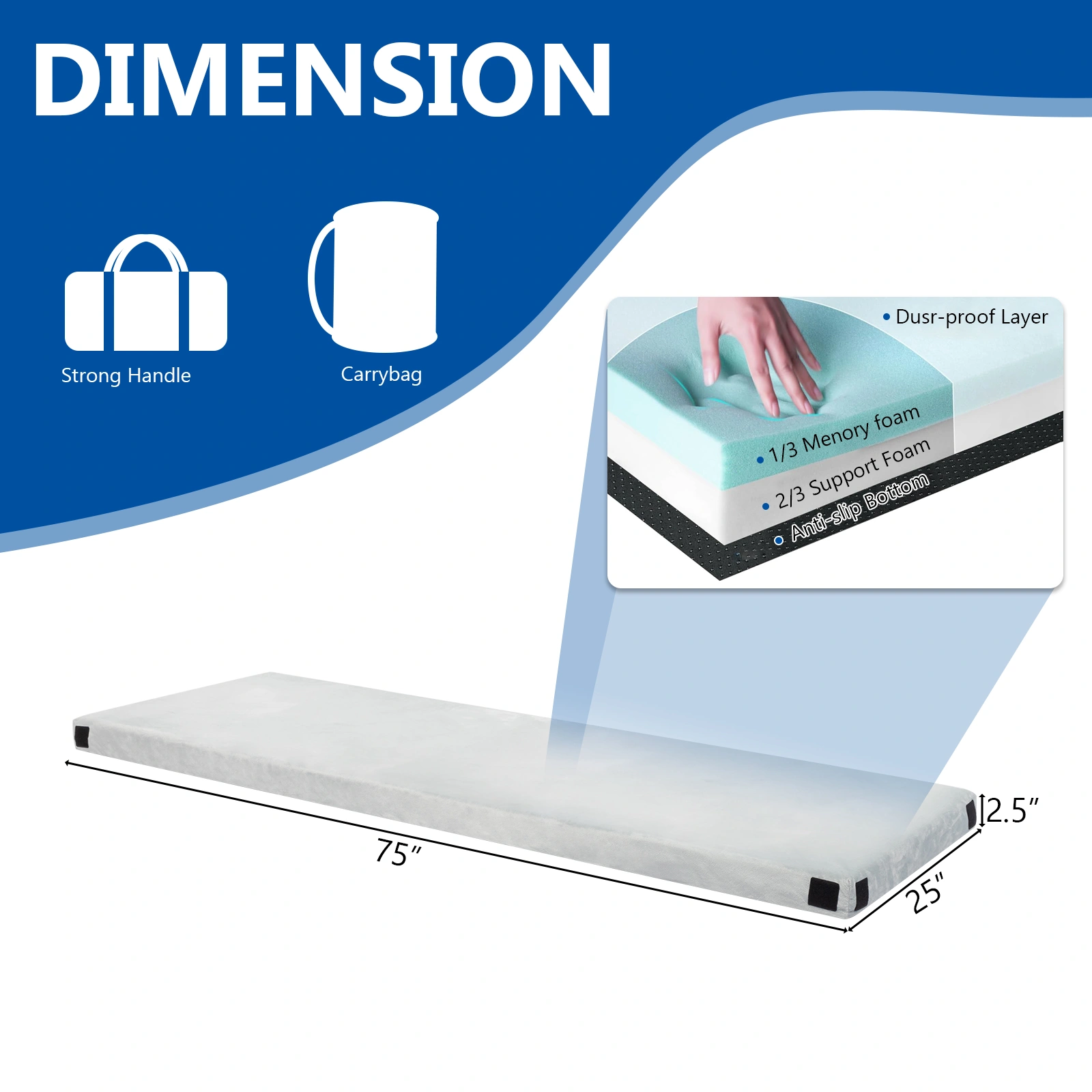 75"D x 25"W x 2.5"H Memory Foam Camping Mattress view 11