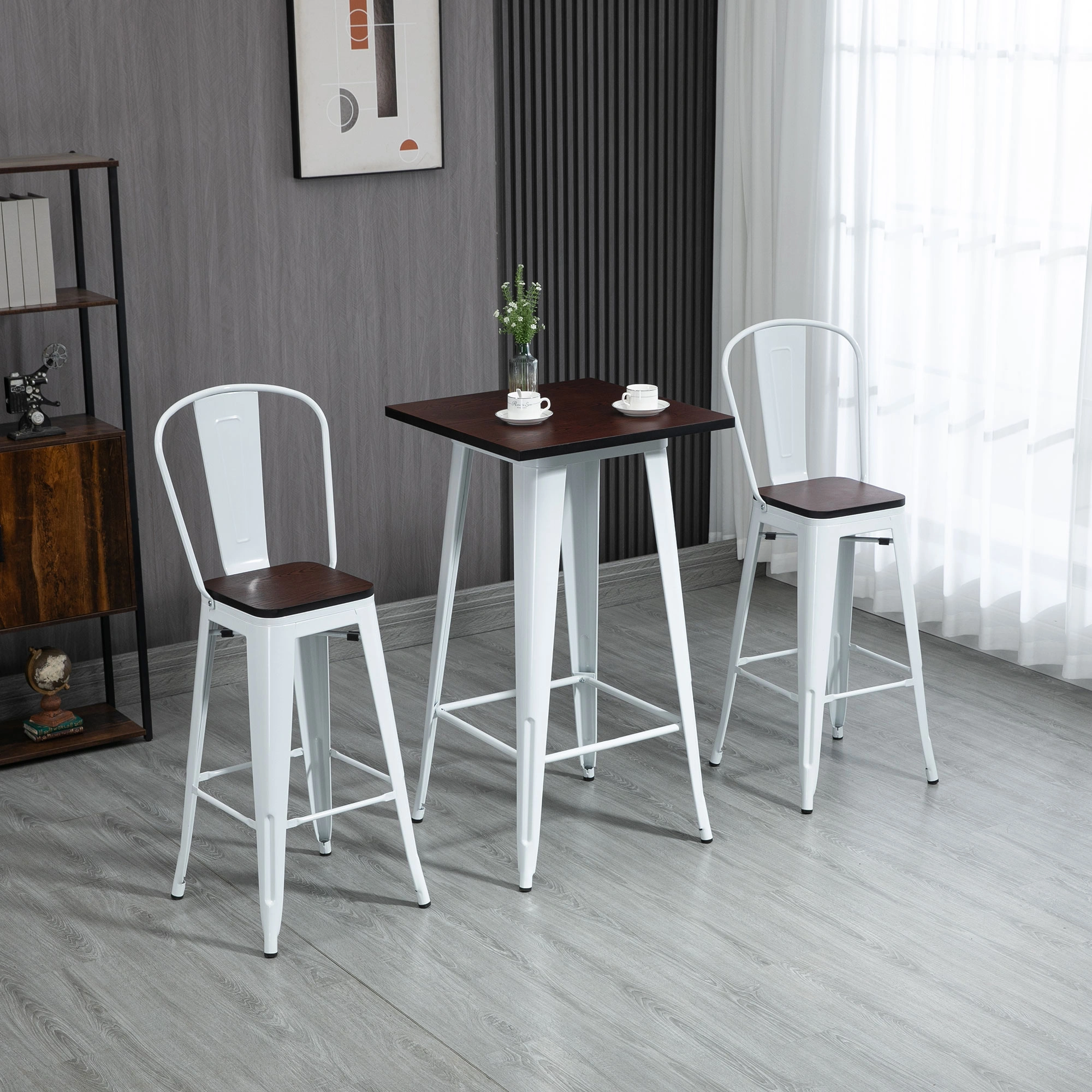 Modern Pub Table and Chair Set 36" Counter Height Dining Table with 2 Stools, Metal Frame Faux Leather Seat, Black