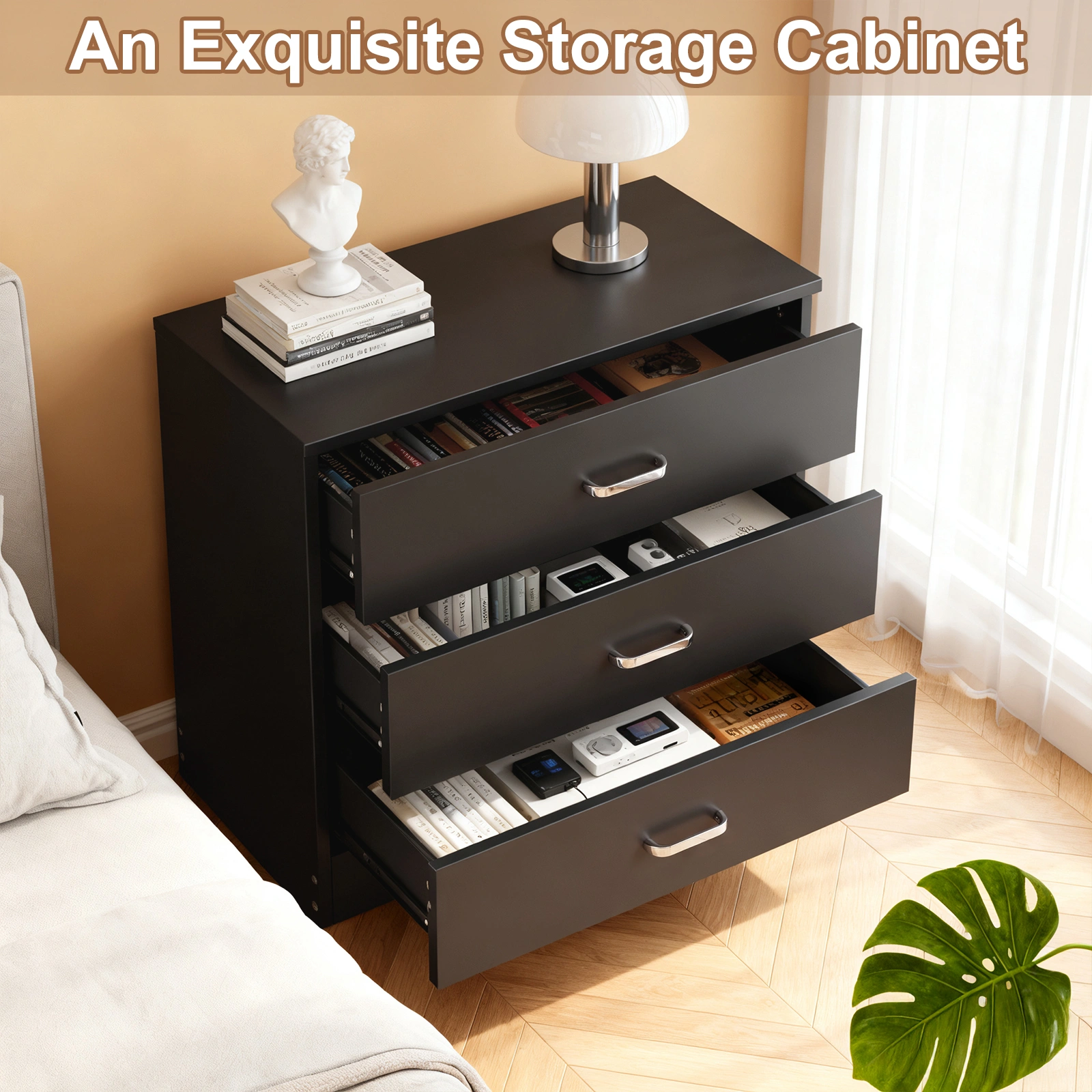 3-Drawer P2 Particleboard Bedside Table with Melamine Finish Drawer Cabinet Lockers 25.98*12.99*22.05in White =61558050 view 7