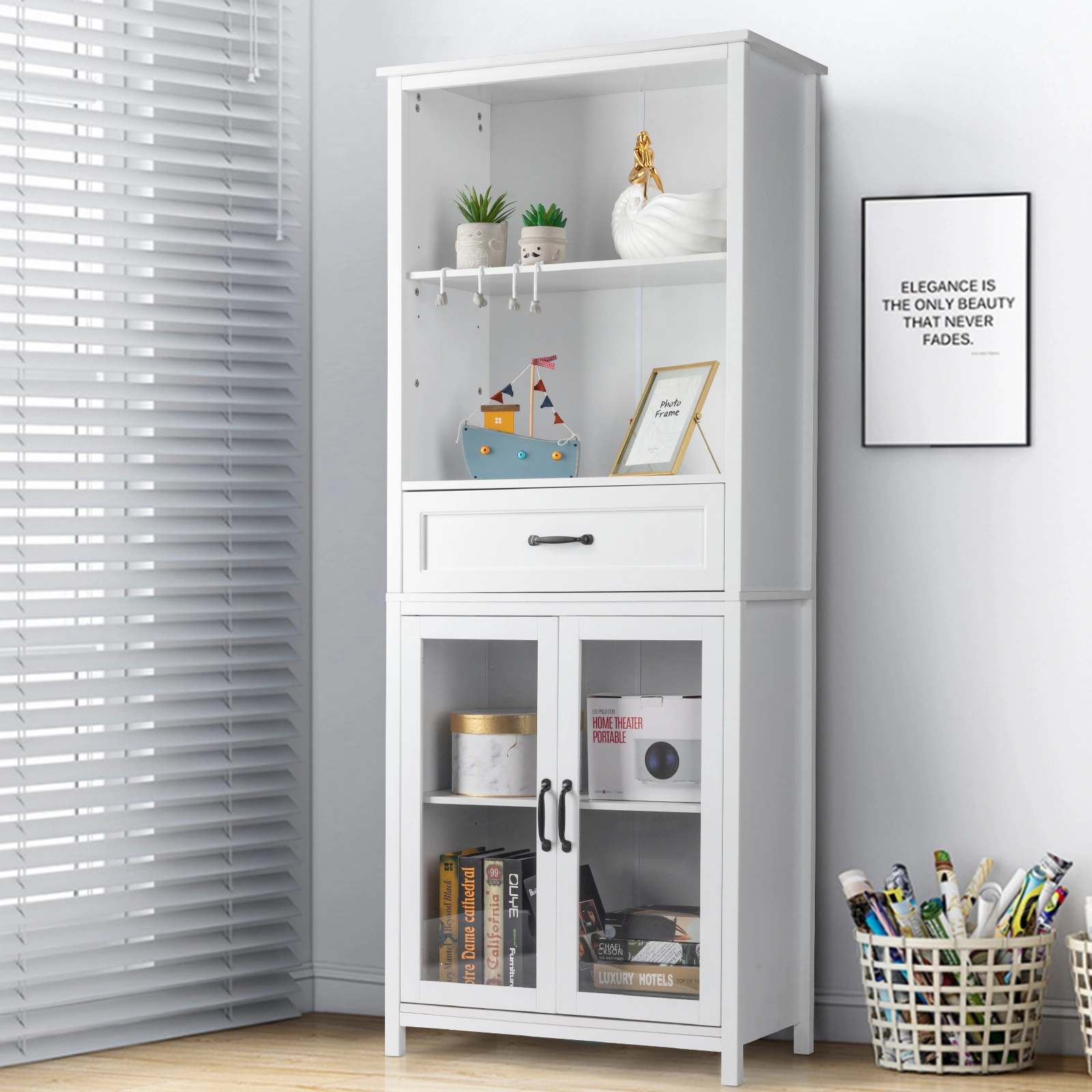American Country Style Bookcase White MDF with Upper Shelf Middle Drawer Lower Two Doors Storage Cabinet