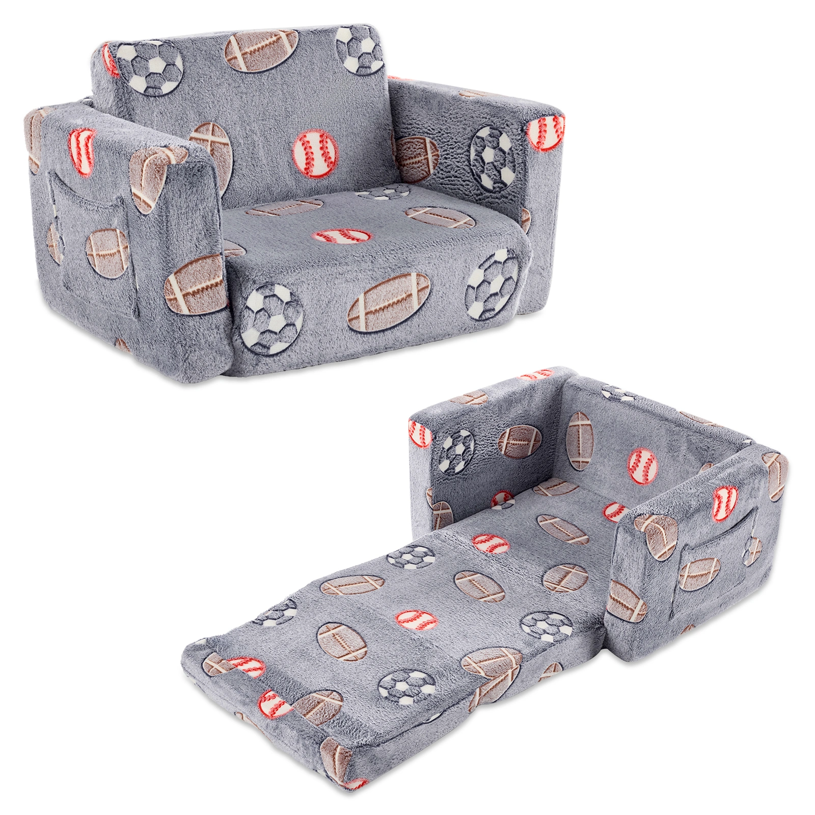 Kids Foldable Sofa Bed with Night Glow - 2-in-1 Convertible Children's Lounge Chair, Soft Flannel Fabric, High Resilience Sponge, Removable Cover, Safe Round Edge Design - Gray Blue Sports Ball Pattern