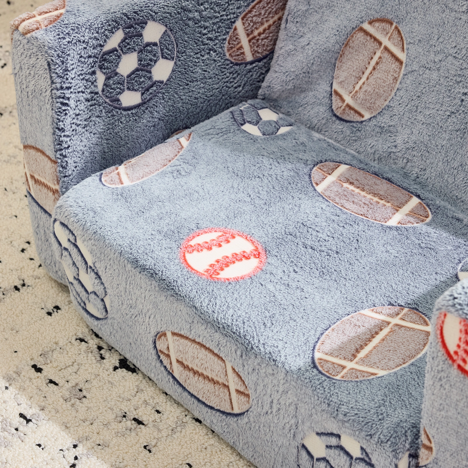 Kids Foldable Sofa Bed with Night Glow - 2-in-1 Convertible Children's Lounge Chair, Soft Flannel Fabric, High Resilience Sponge, Removable Cover, Safe Round Edge Design - Gray Blue Sports Ball Pattern view 10