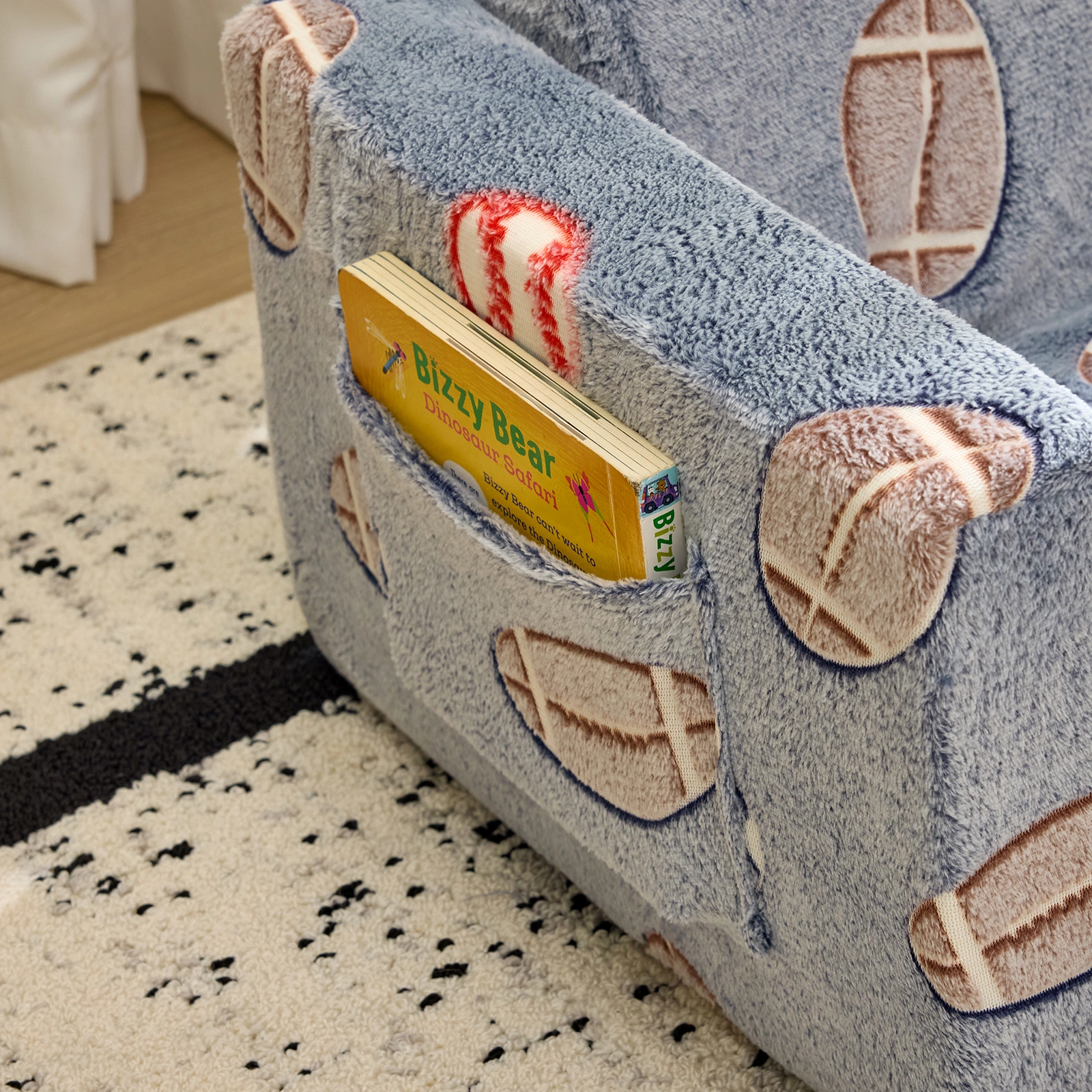 Kids Foldable Sofa Bed with Night Glow - 2-in-1 Convertible Children's Lounge Chair, Soft Flannel Fabric, High Resilience Sponge, Removable Cover, Safe Round Edge Design - Gray Blue Sports Ball Pattern view 11
