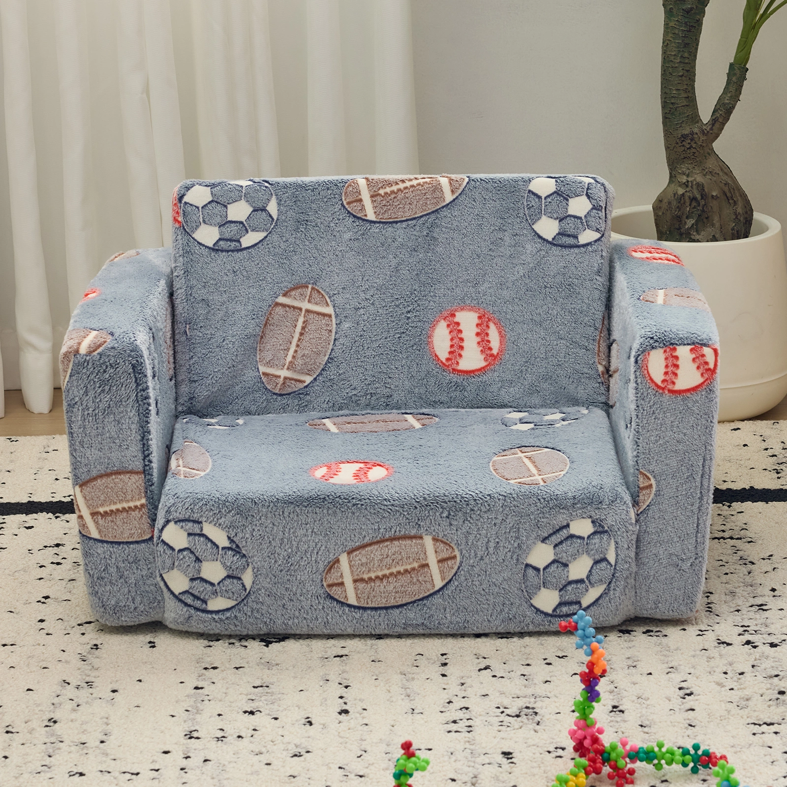 Kids Foldable Sofa Bed with Night Glow - 2-in-1 Convertible Children's Lounge Chair, Soft Flannel Fabric, High Resilience Sponge, Removable Cover, Safe Round Edge Design - Gray Blue Sports Ball Pattern view 12