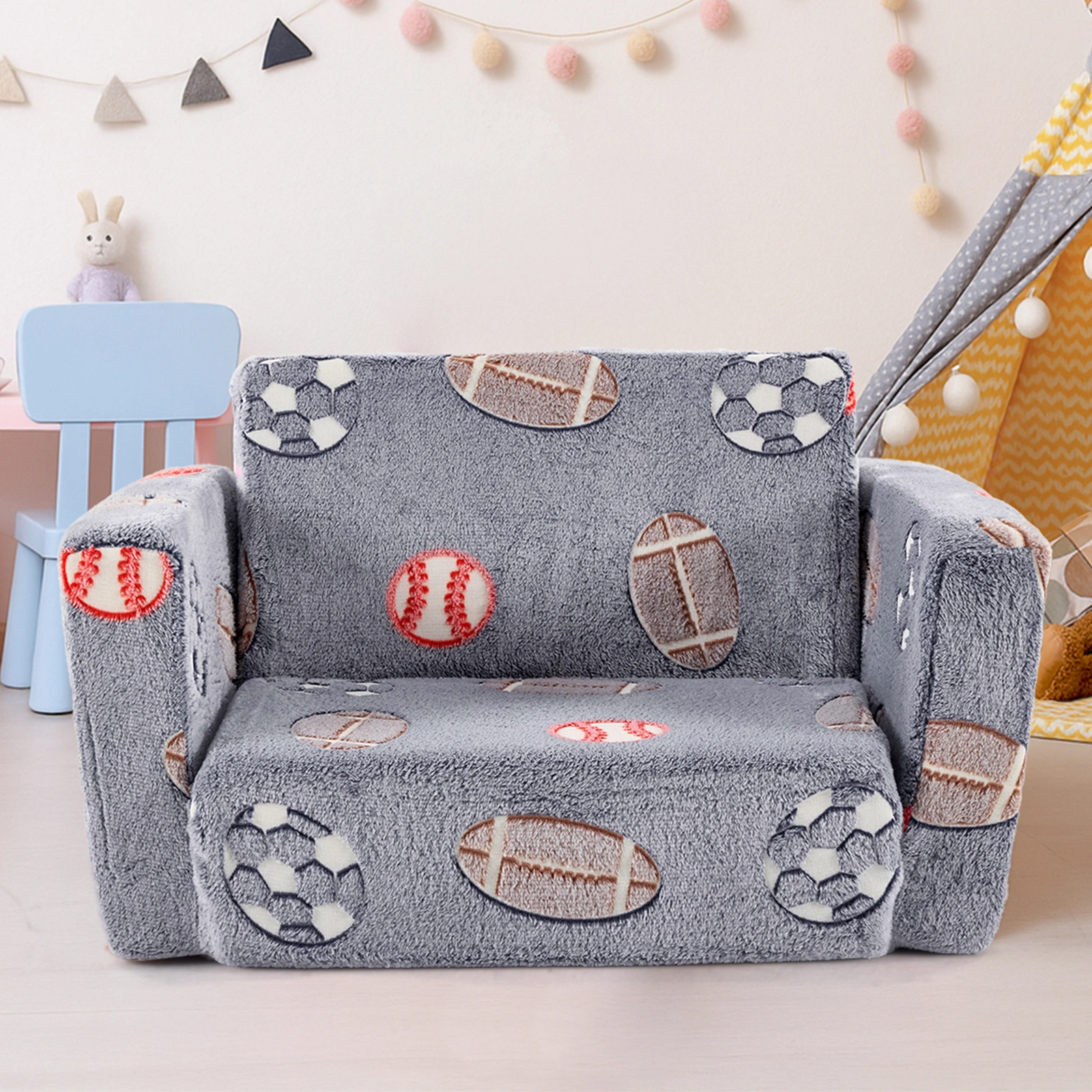 Kids Foldable Sofa Bed with Night Glow - 2-in-1 Convertible Children's Lounge Chair, Soft Flannel Fabric, High Resilience Sponge, Removable Cover, Safe Round Edge Design - Gray Blue Sports Ball Pattern view 14
