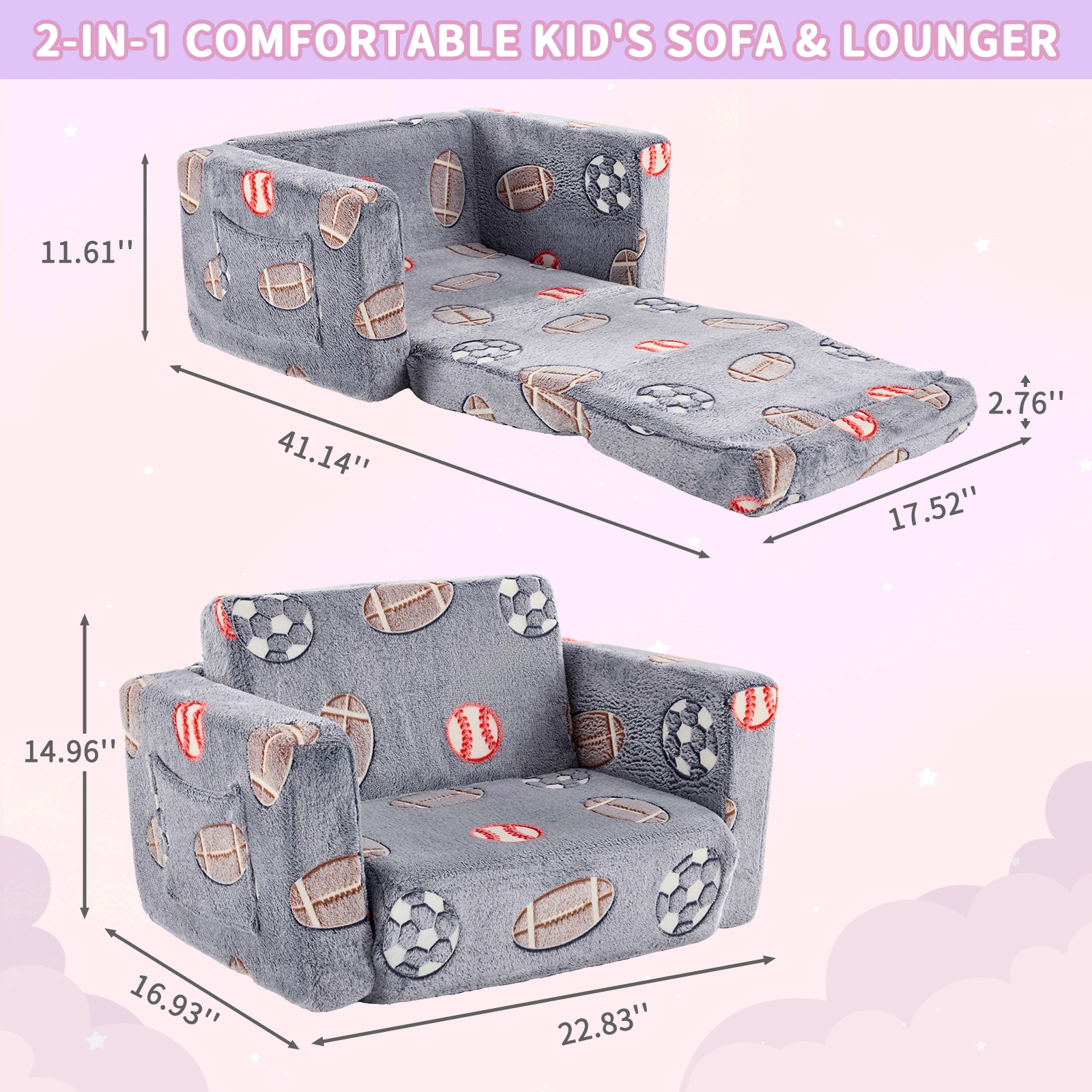 Kids Foldable Sofa Bed with Night Glow - 2-in-1 Convertible Children's Lounge Chair, Soft Flannel Fabric, High Resilience Sponge, Removable Cover, Safe Round Edge Design - Gray Blue Sports Ball Pattern view 2