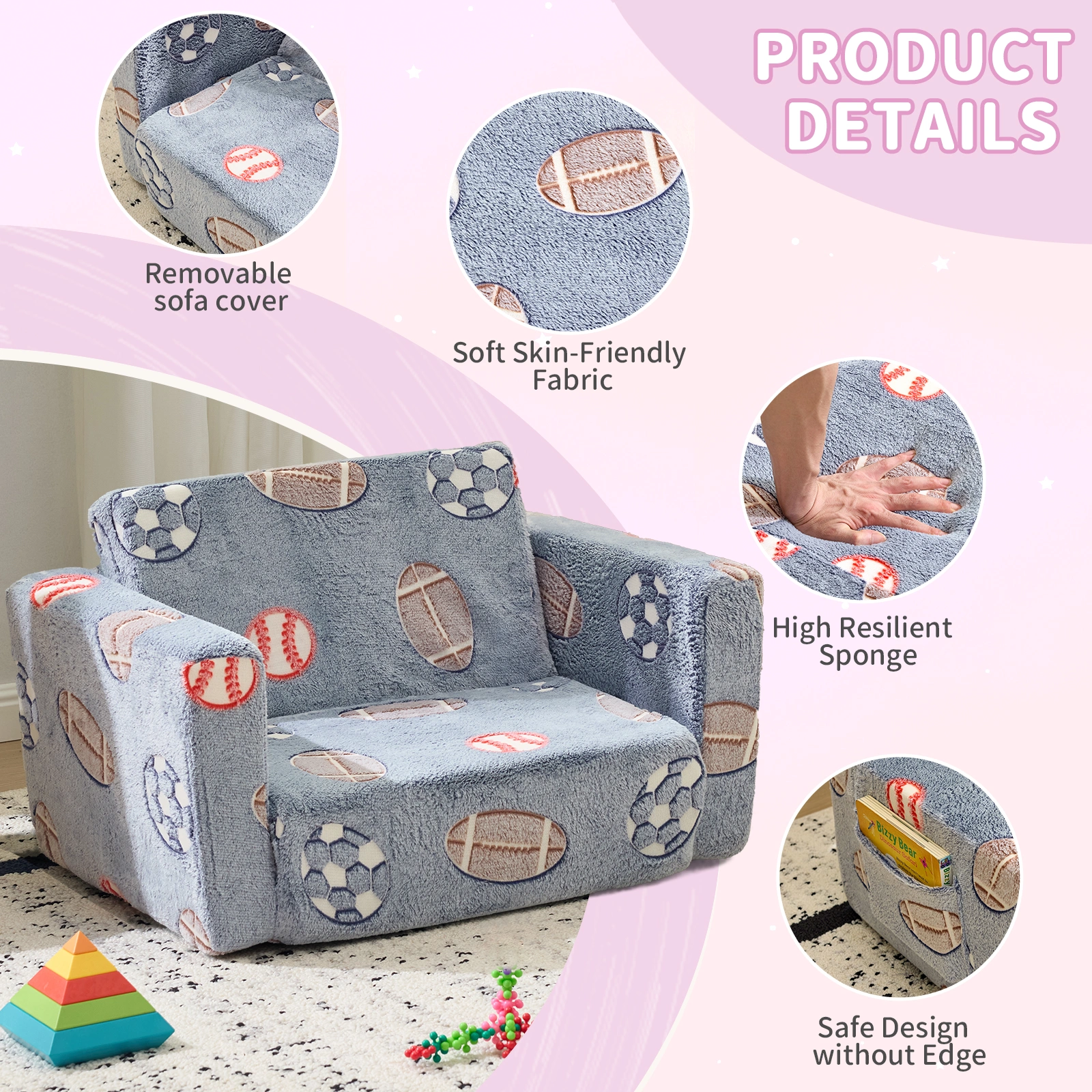 Kids Foldable Sofa Bed with Night Glow - 2-in-1 Convertible Children's Lounge Chair, Soft Flannel Fabric, High Resilience Sponge, Removable Cover, Safe Round Edge Design - Gray Blue Sports Ball Pattern view 3