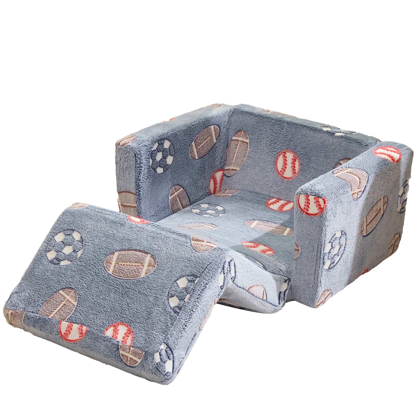 Kids Foldable Sofa Bed with Night Glow - 2-in-1 Convertible Children's Lounge Chair, Soft Flannel Fabric, High Resilience Sponge, Removable Cover, Safe Round Edge Design - Gray Blue Sports Ball Pattern view 4