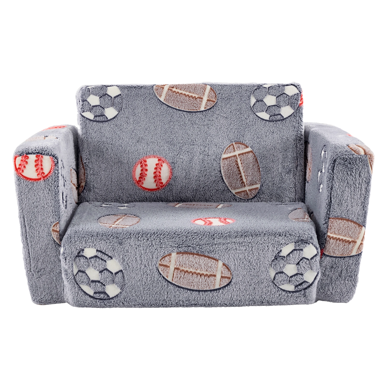 Kids Foldable Sofa Bed with Night Glow - 2-in-1 Convertible Children's Lounge Chair, Soft Flannel Fabric, High Resilience Sponge, Removable Cover, Safe Round Edge Design - Gray Blue Sports Ball Pattern view 5