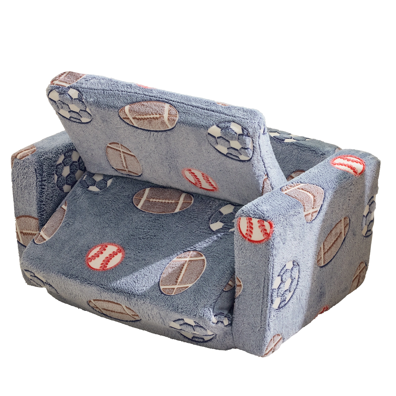 Kids Foldable Sofa Bed with Night Glow - 2-in-1 Convertible Children's Lounge Chair, Soft Flannel Fabric, High Resilience Sponge, Removable Cover, Safe Round Edge Design - Gray Blue Sports Ball Pattern view 6
