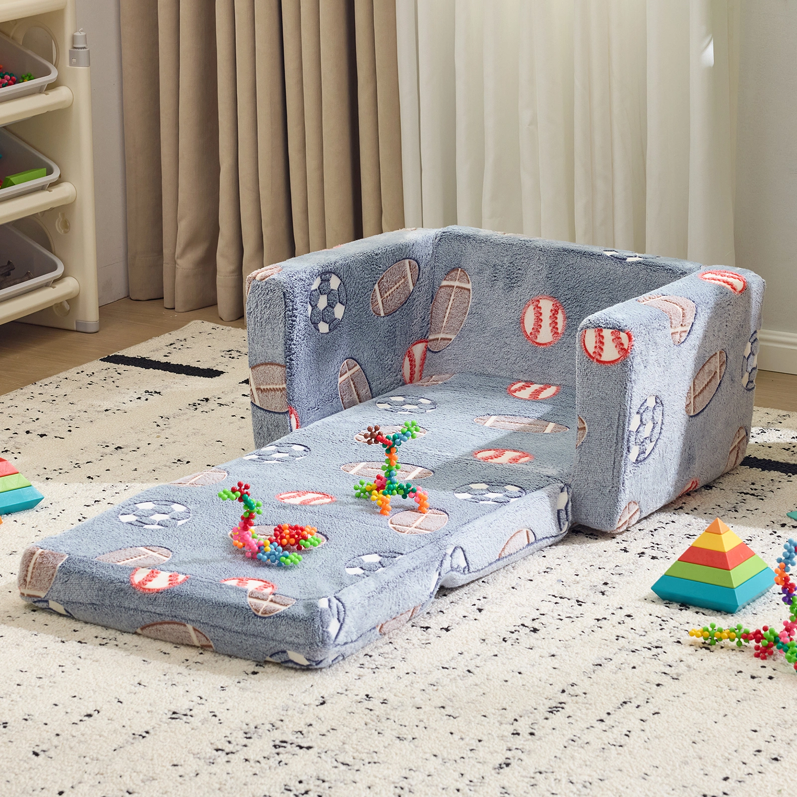Kids Foldable Sofa Bed with Night Glow - 2-in-1 Convertible Children's Lounge Chair, Soft Flannel Fabric, High Resilience Sponge, Removable Cover, Safe Round Edge Design - Gray Blue Sports Ball Pattern view 7