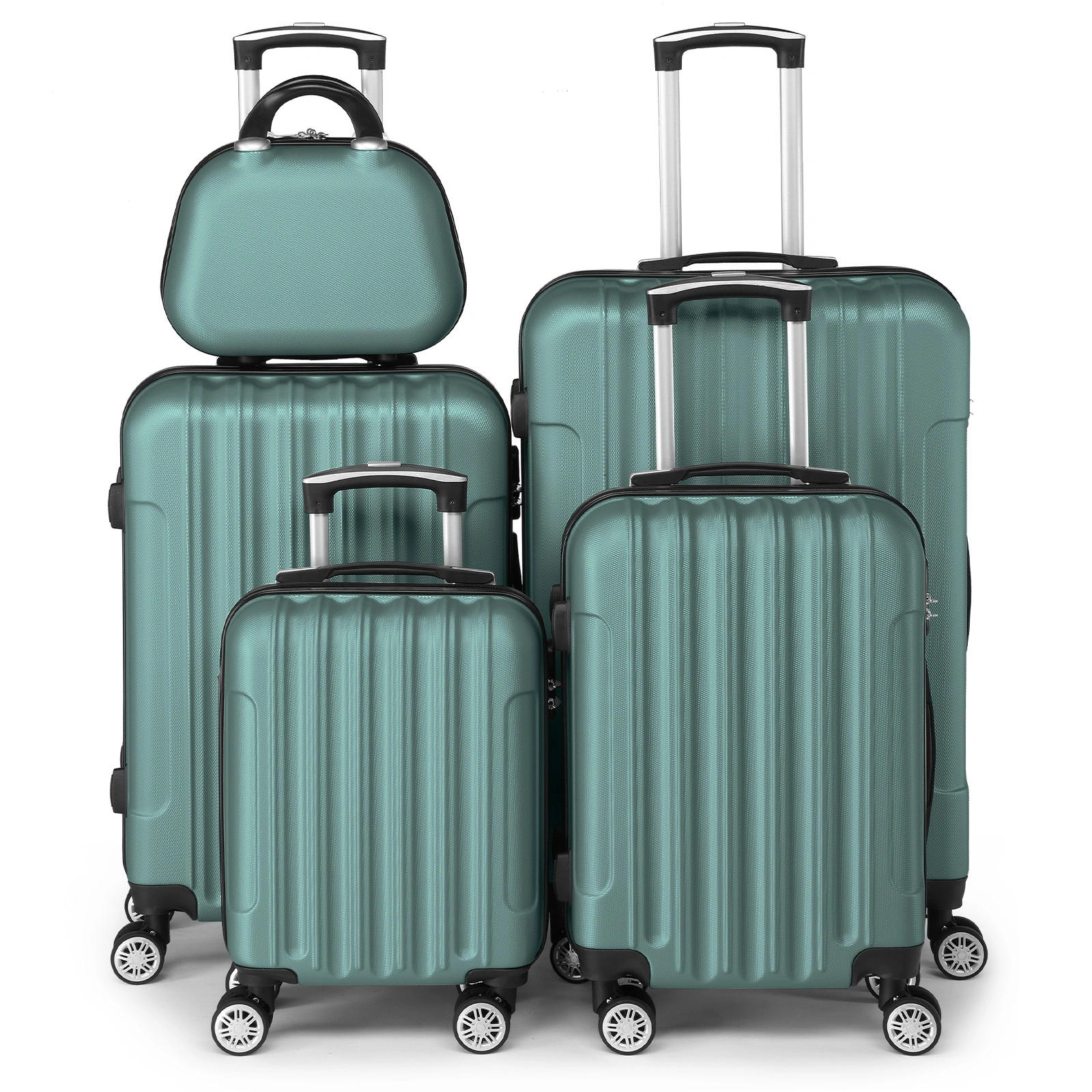 ABS Luggage Set 5 Piece Vertical Stripe 16 20 24 28 Inch with 12in Handbag Steel Telescopic Handle Turquoise
