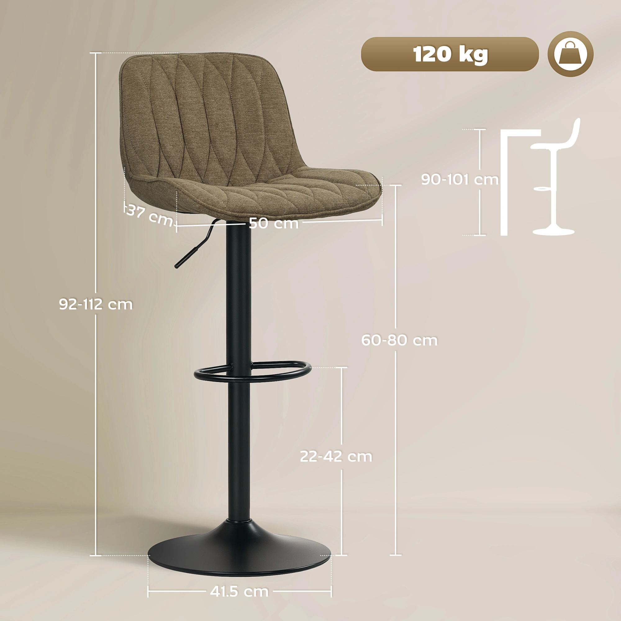 Adjustable Height Bar Stool, Modern Swivel Counter Stool with Padded Seat, 26-32 Inch Backless Barstools for Kitchen Island Dining Room view 2