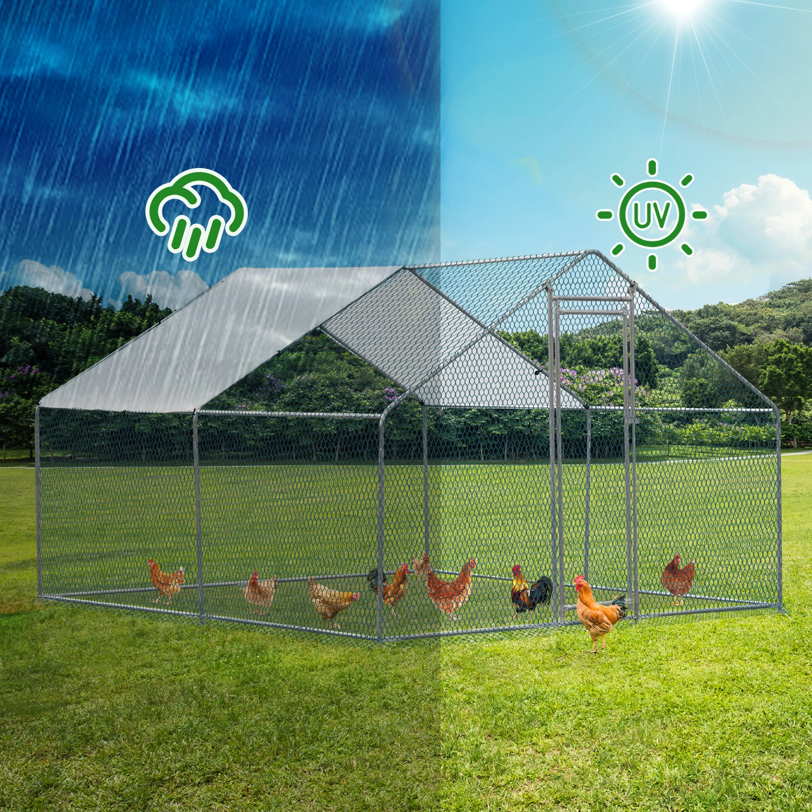 10 x 10 ft Large Metal Chicken Coop, Walk-in Poultry Cage Chicken Hen Run House with Waterproof Cover, Rabbits Cats Dogs Farm Pen for Outdoor Backyard Farm Garden(SAME AS09877689) view 11