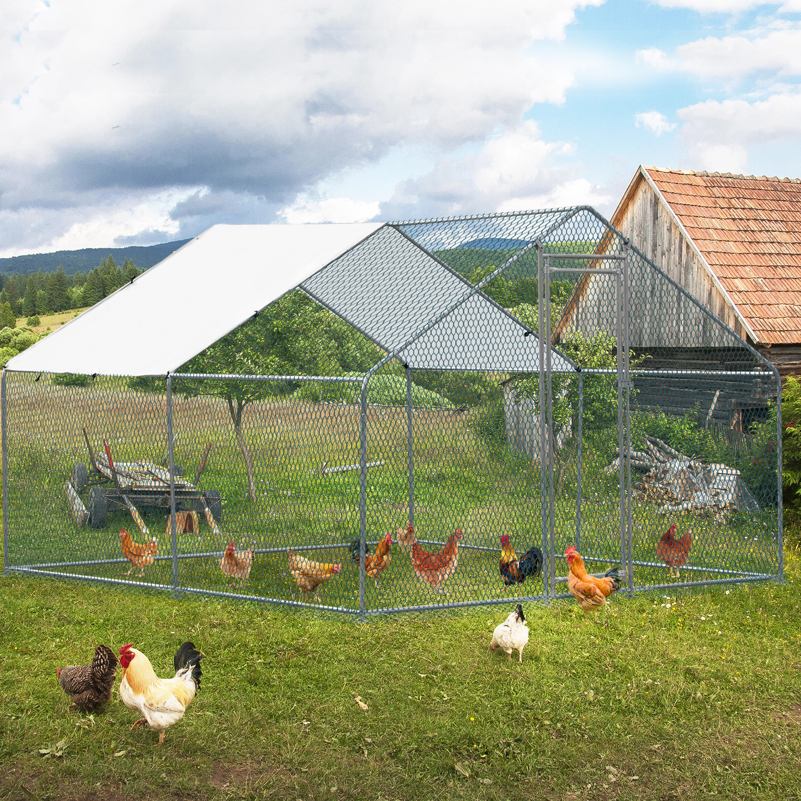 10 x 10 ft Large Metal Chicken Coop, Walk-in Poultry Cage Chicken Hen Run House with Waterproof Cover, Rabbits Cats Dogs Farm Pen for Outdoor Backyard Farm Garden(SAME AS09877689) view 7