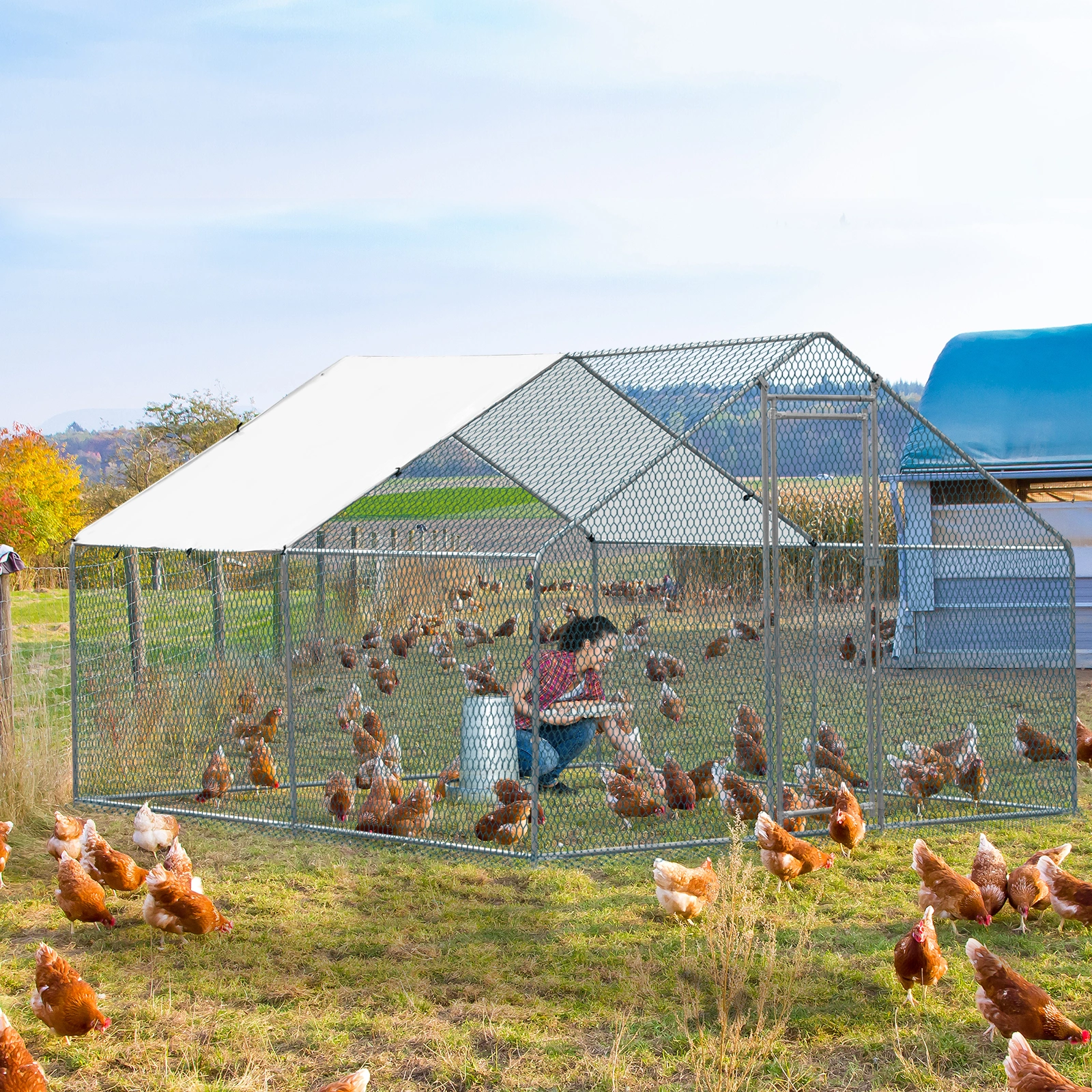 10 x 10 ft Large Metal Chicken Coop, Walk-in Poultry Cage Chicken Hen Run House with Waterproof Cover, Rabbits Cats Dogs Farm Pen for Outdoor Backyard Farm Garden(SAME AS09877689) view 9